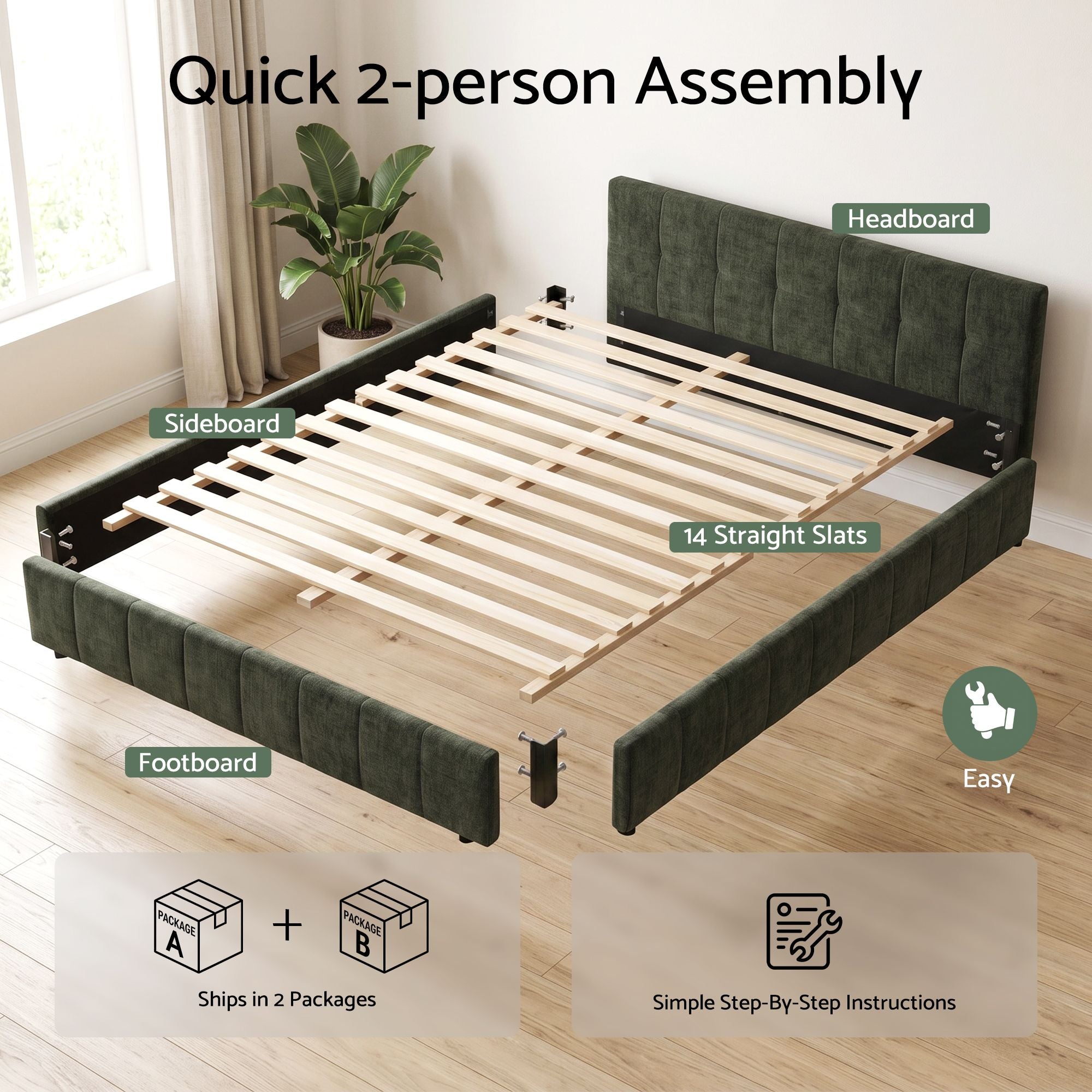 Double Bed Frame Chenille Heavy Duty Platform Base Green 300kg Support No Box Spring Needed