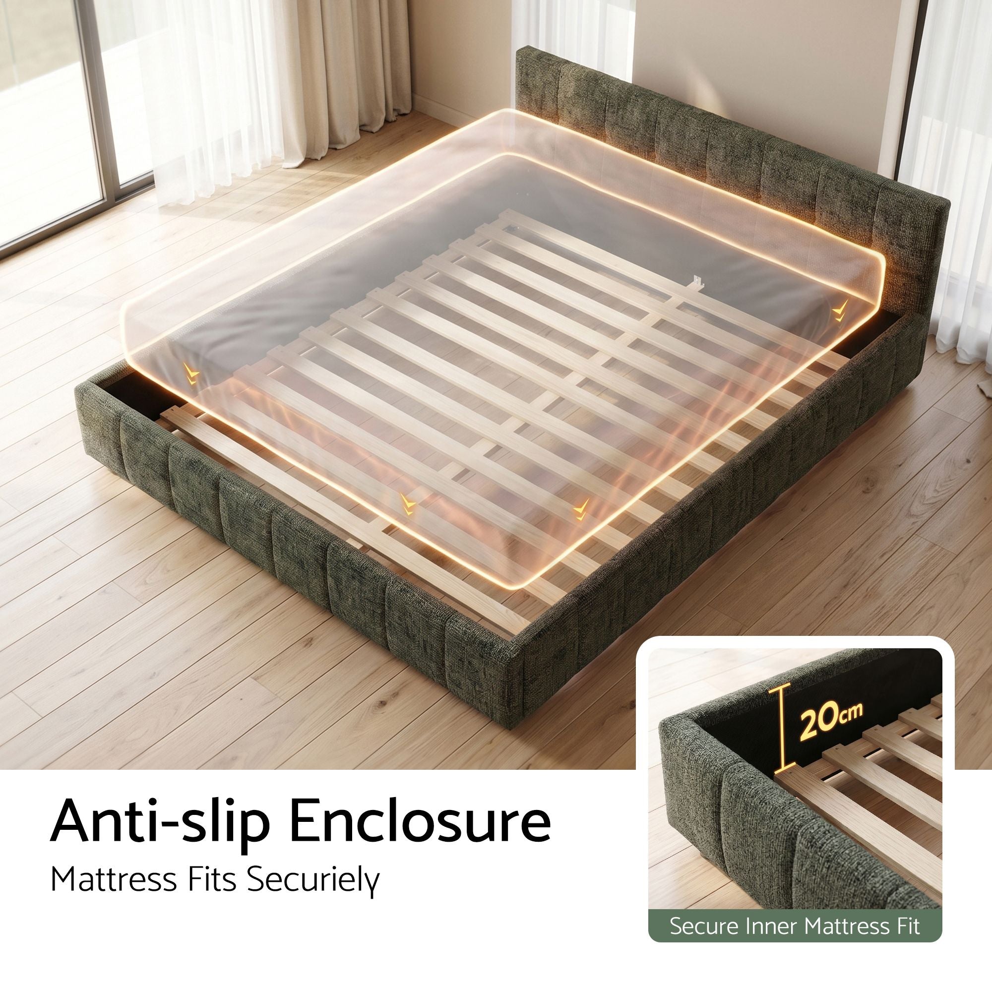 King Bed Frame Chenille Heavy Duty Platform Base Green 300kg Support No Box Spring Needed