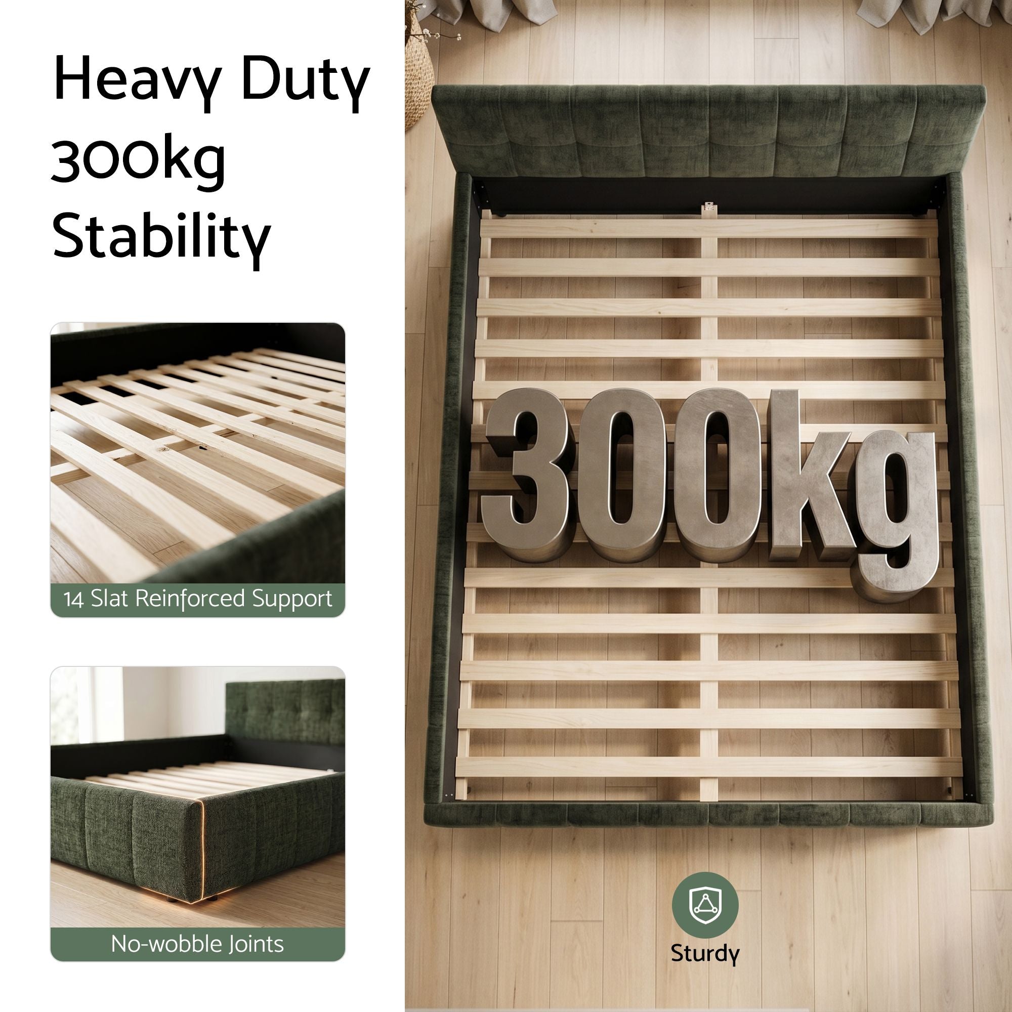 King Bed Frame Chenille Heavy Duty Platform Base Green 300kg Support No Box Spring Needed