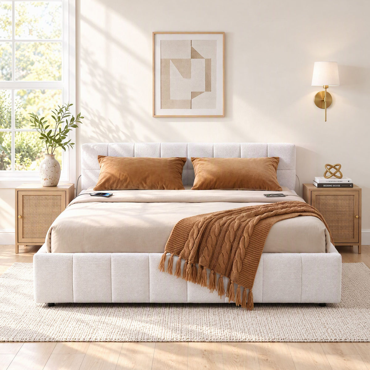 Queen Upholstered Bed Frame with USB & Type-C Charging, LED Lights & Tufted Headboard