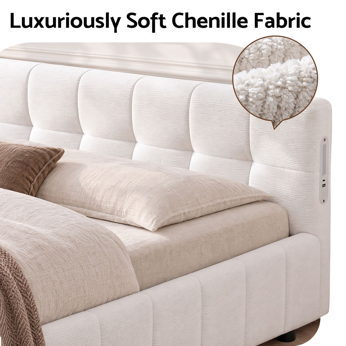 Queen Upholstered Bed Frame with USB & Type-C Charging, LED Lights & Tufted Headboard