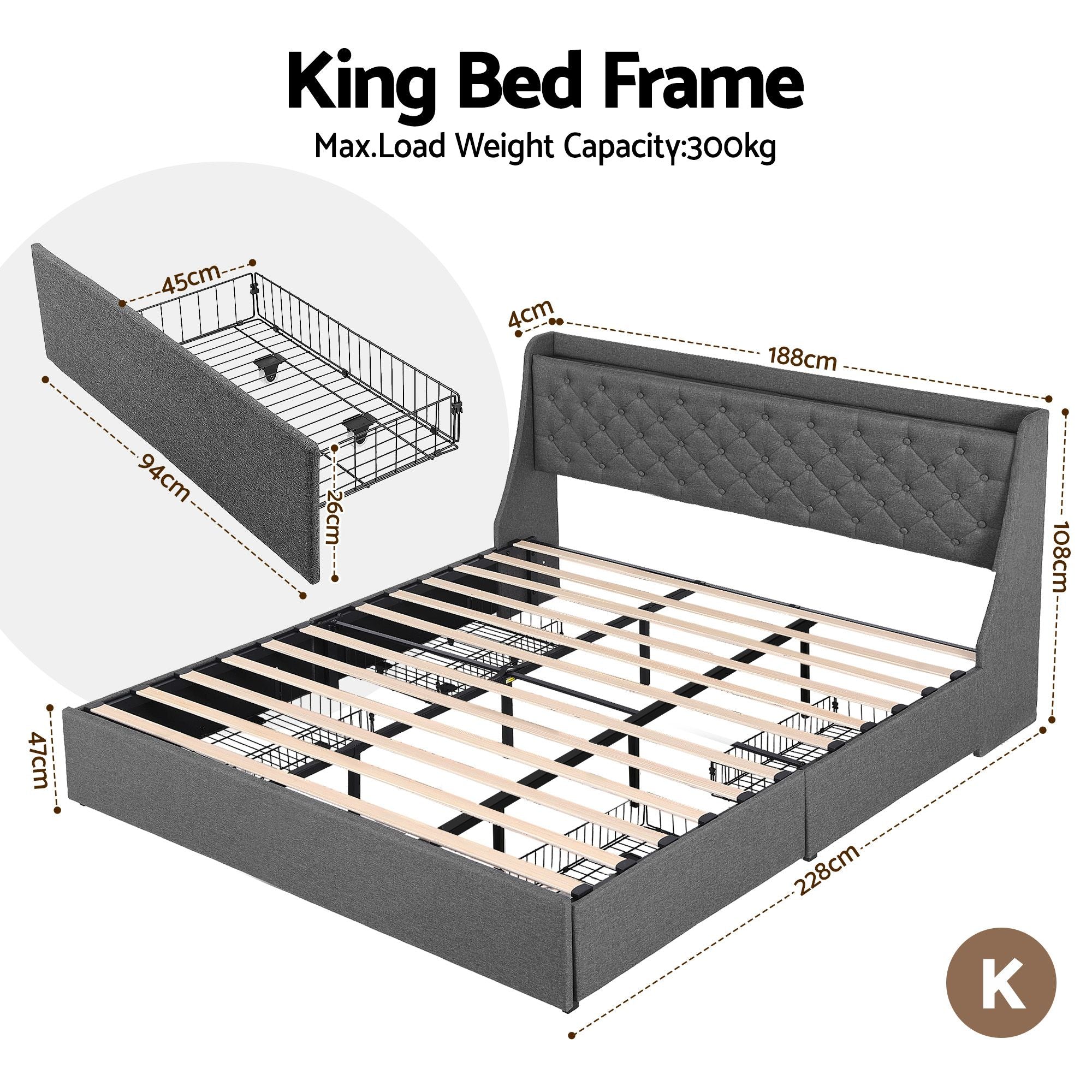 King Bed Frame with 4 Storage Drawers and Charging Station Tufted Wingback Headboard 300kg Loads Charcoal Grey