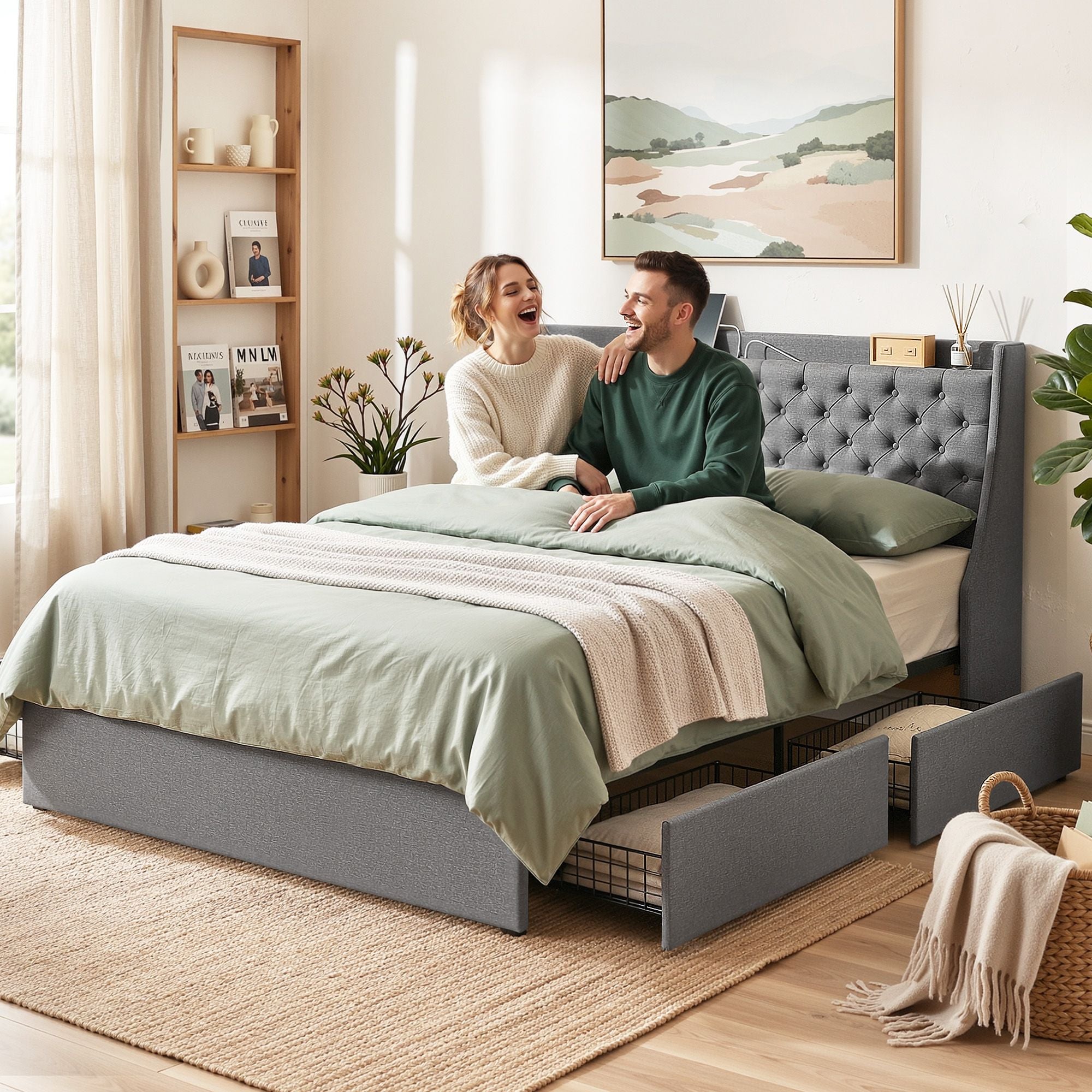 King Bed Frame with 4 Storage Drawers and Charging Station Tufted Wingback Headboard 300kg Loads Charcoal Grey