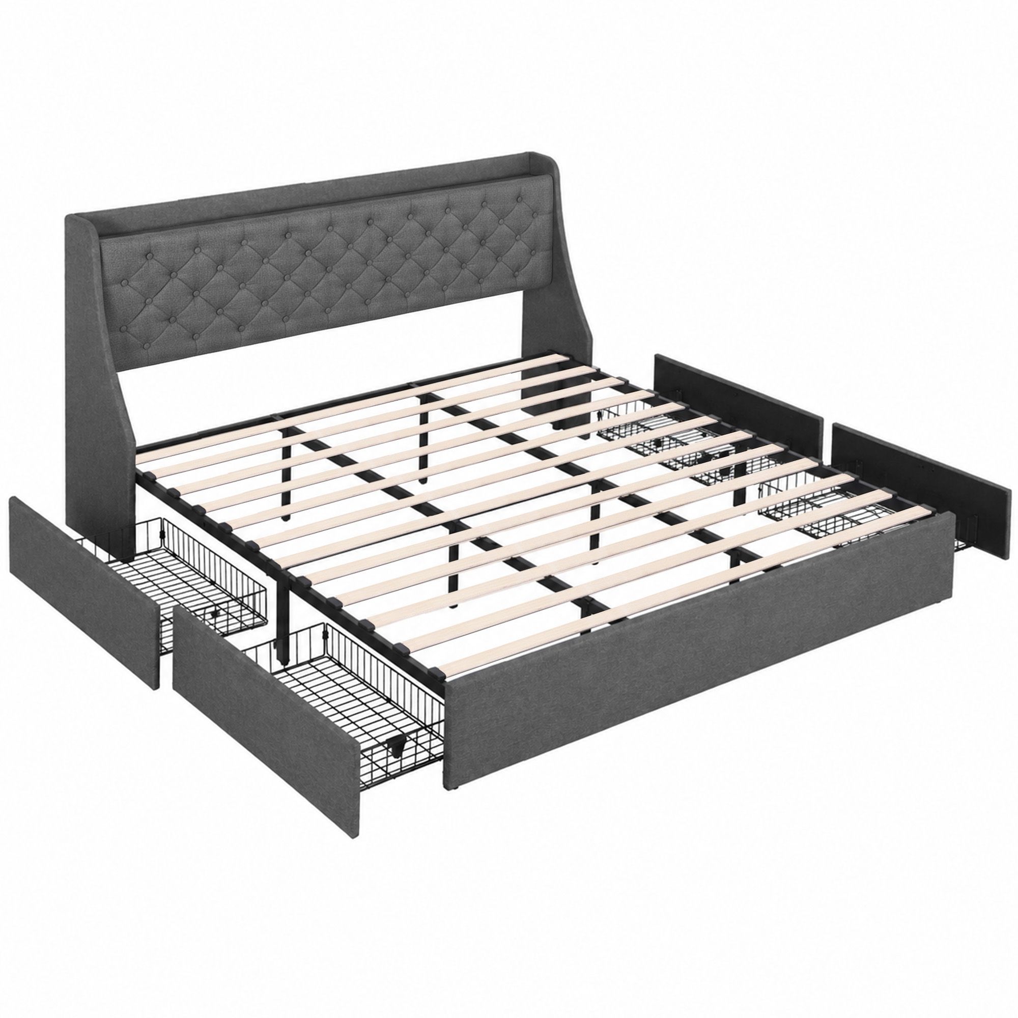 King Bed Frame with 4 Storage Drawers and Charging Station Tufted Wingback Headboard 300kg Loads Charcoal Grey
