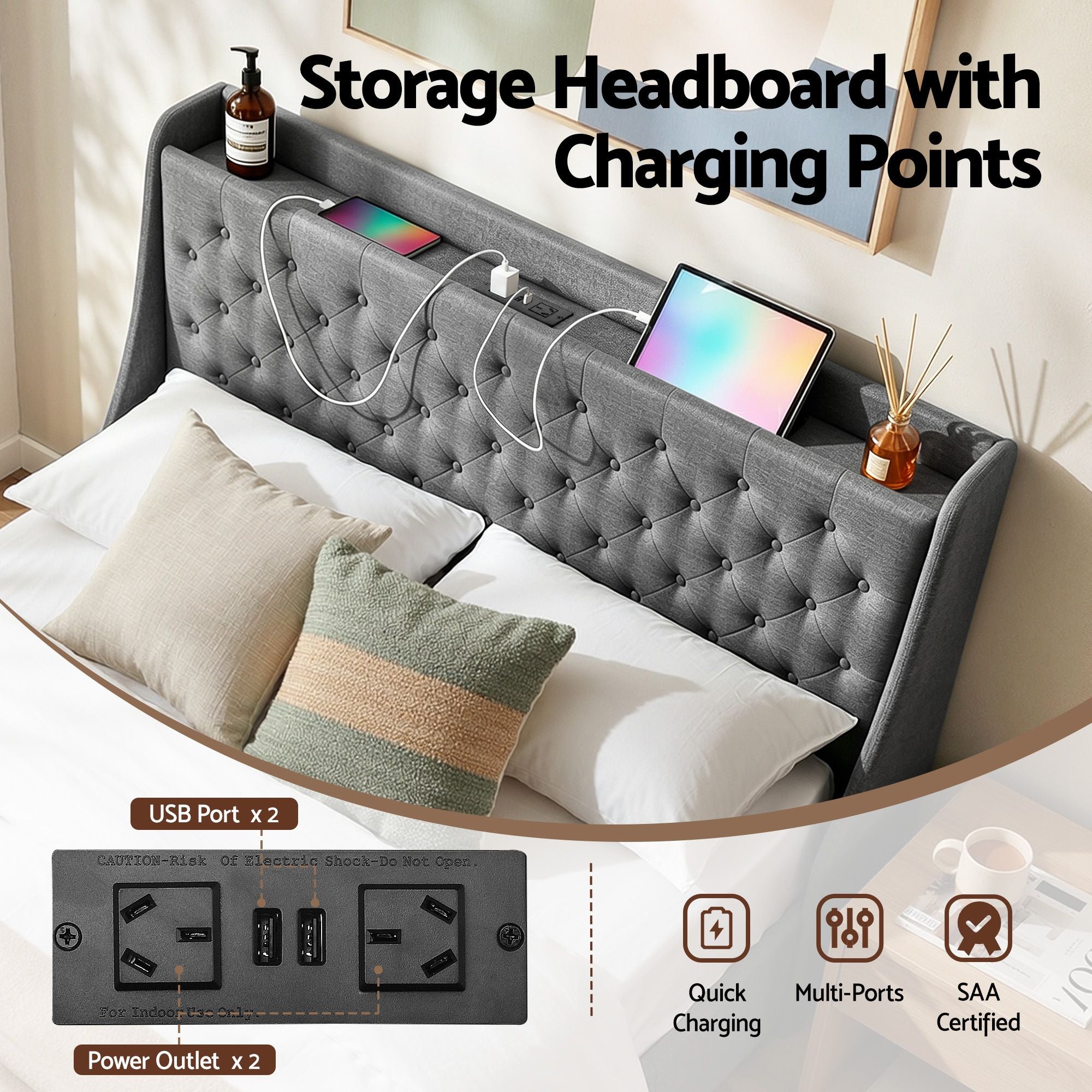 Queen Bed Frame with 4 Storage Drawers and Charging Station Tufted Wingback Headboard 300kg Loads Charcoal Grey