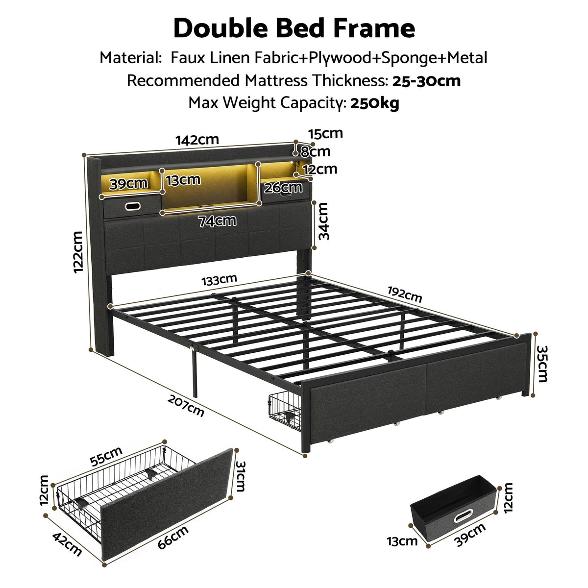 Double Bed Frame with 2 Storage Drawers, Headboard, USB Charging & RGB LED Light