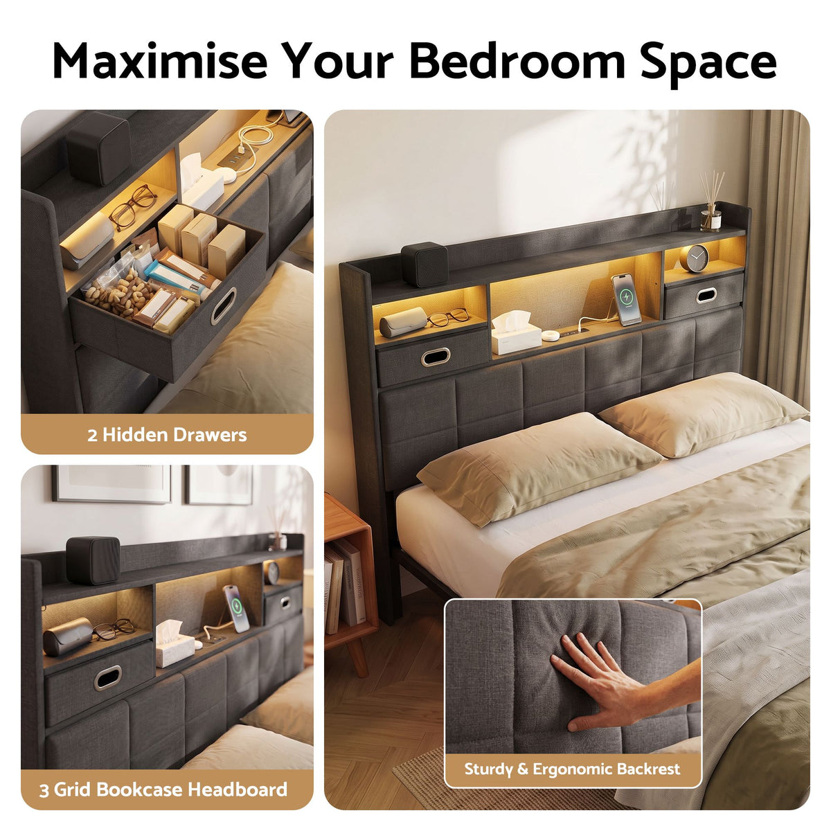 Queen Bed Frame with 2 Storage Drawers, USB Charging & LED Lighting
