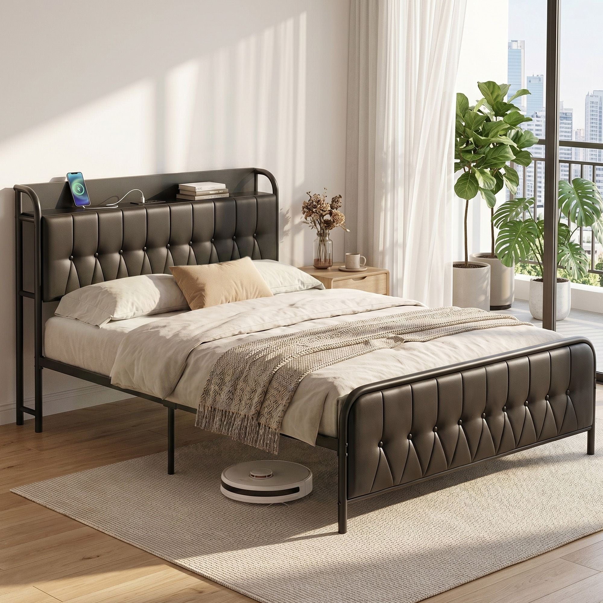Double Bed Frame with Storage Headboard and SAA Certified Charging Station - PU Leather