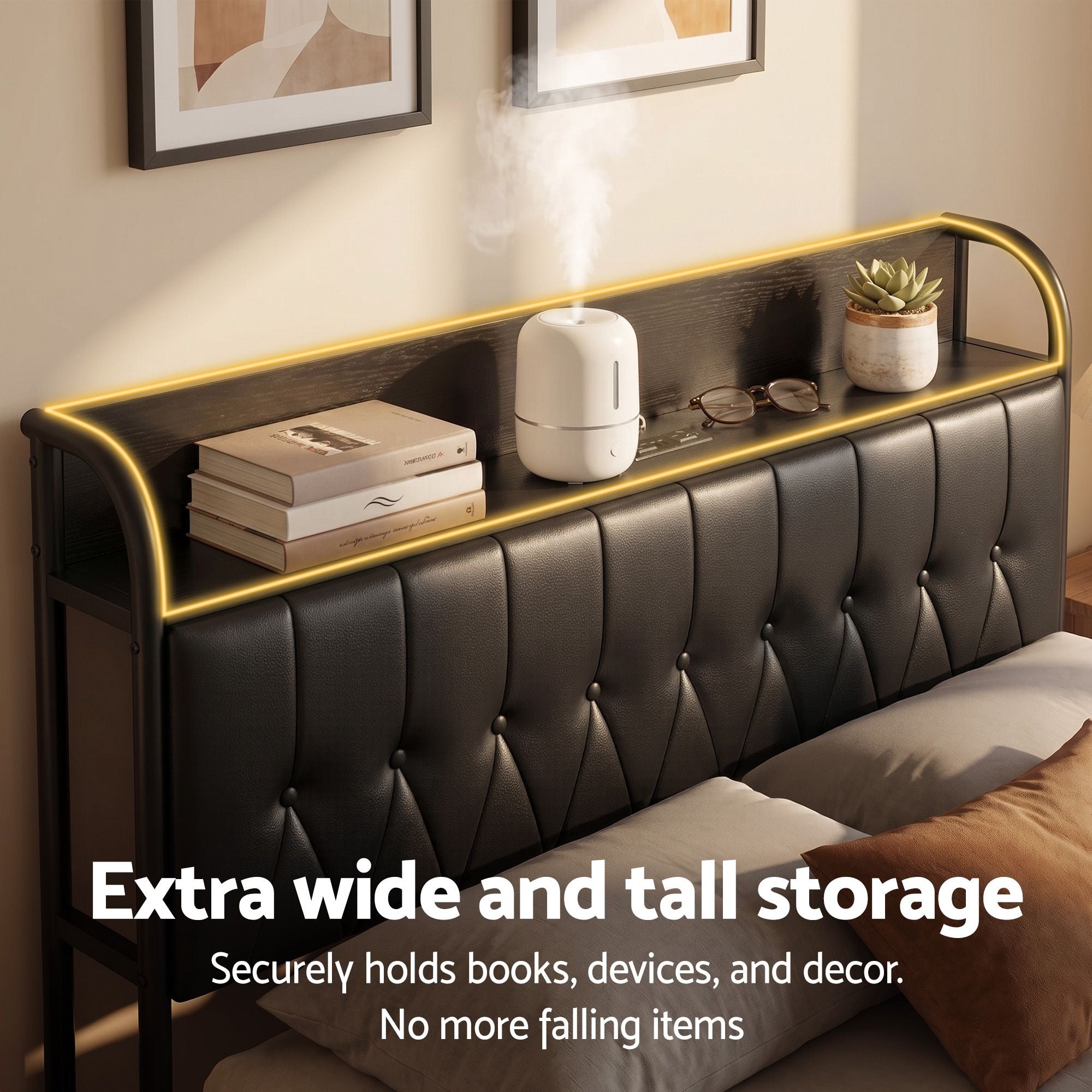 Double Bed Frame with Storage Headboard and SAA Certified Charging Station - PU Leather