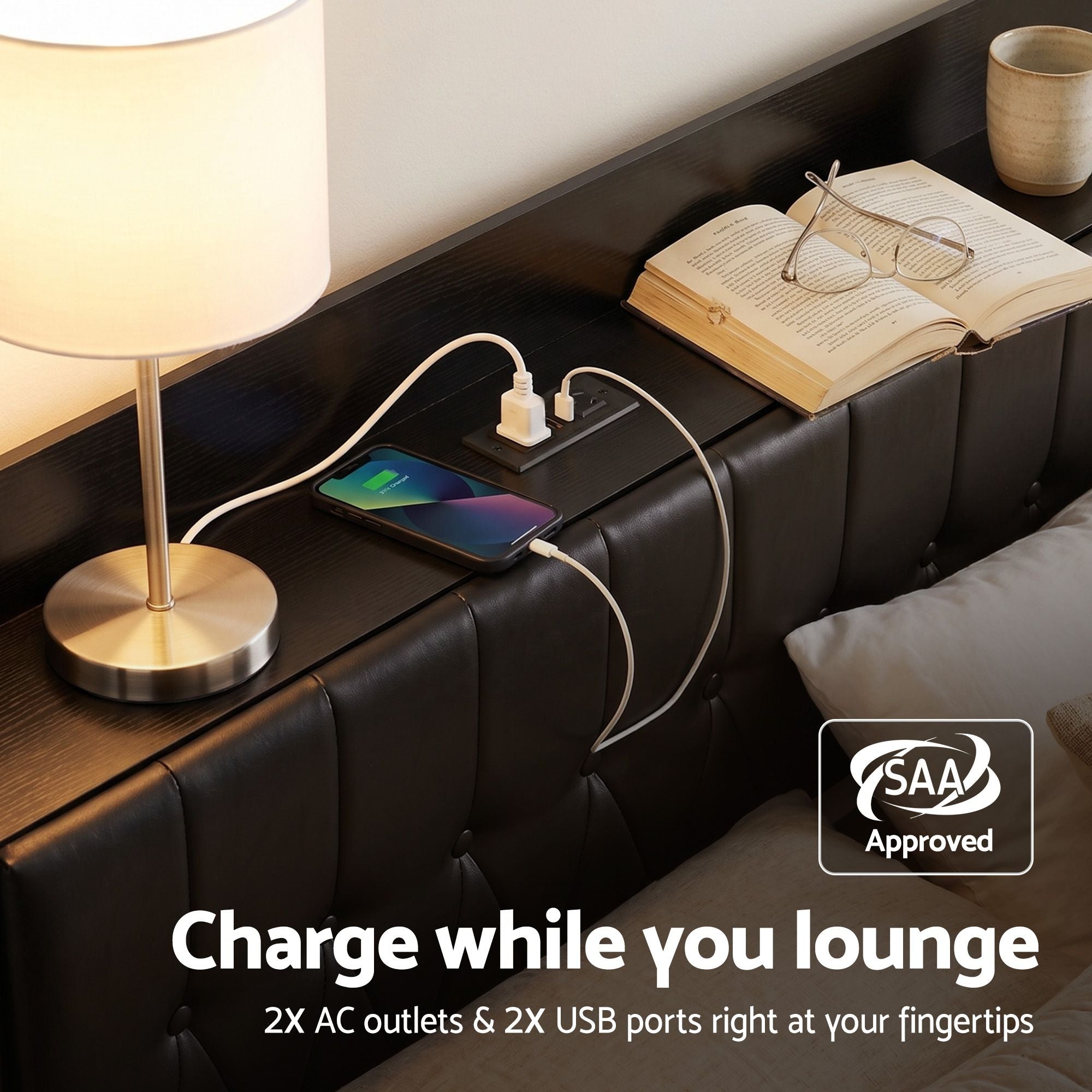 King Bed Frame with Storage Headboard SAA Certified Charging Station