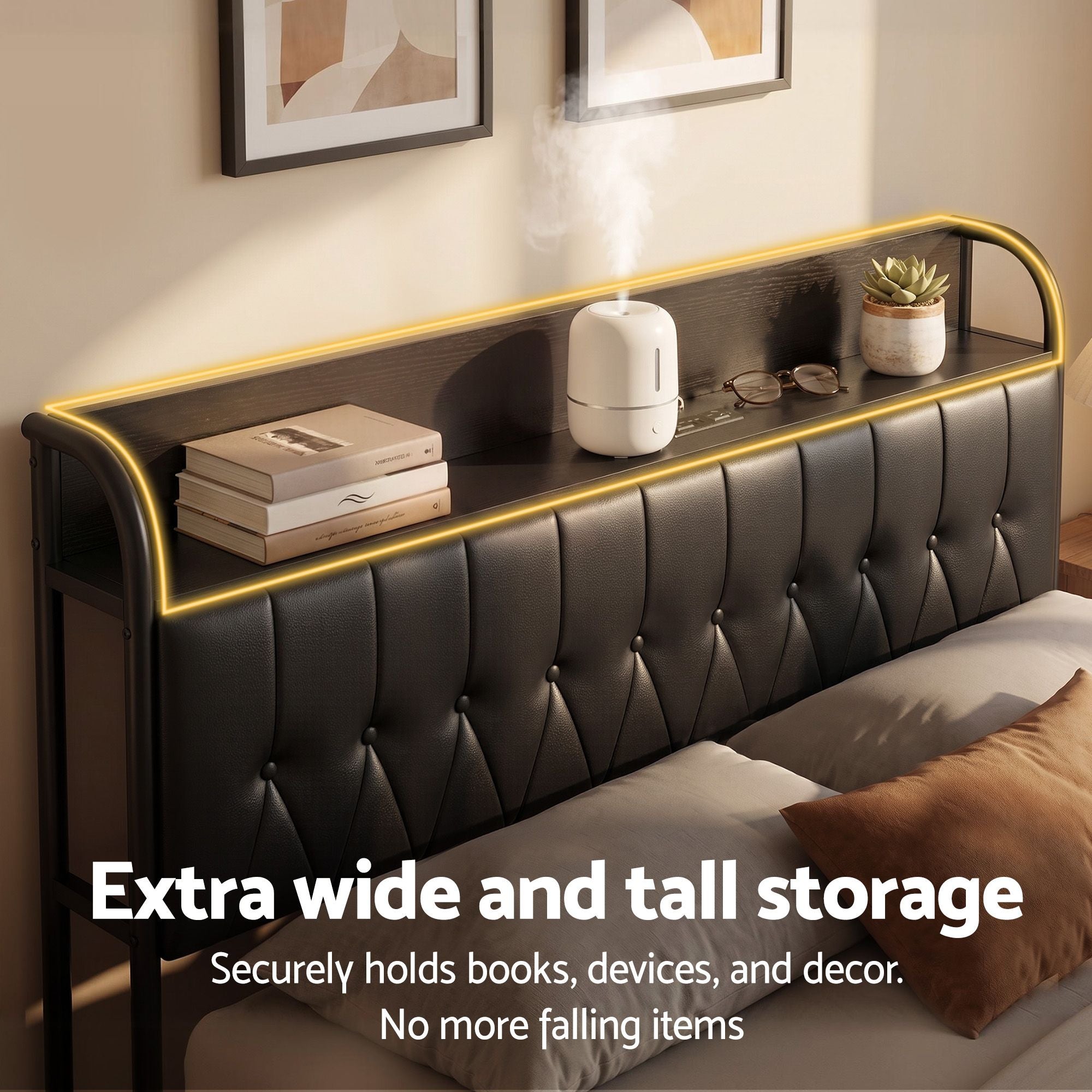 Queen Bed Frame with Storage Headboard and SAA Certified Charging Station - PU Leather
