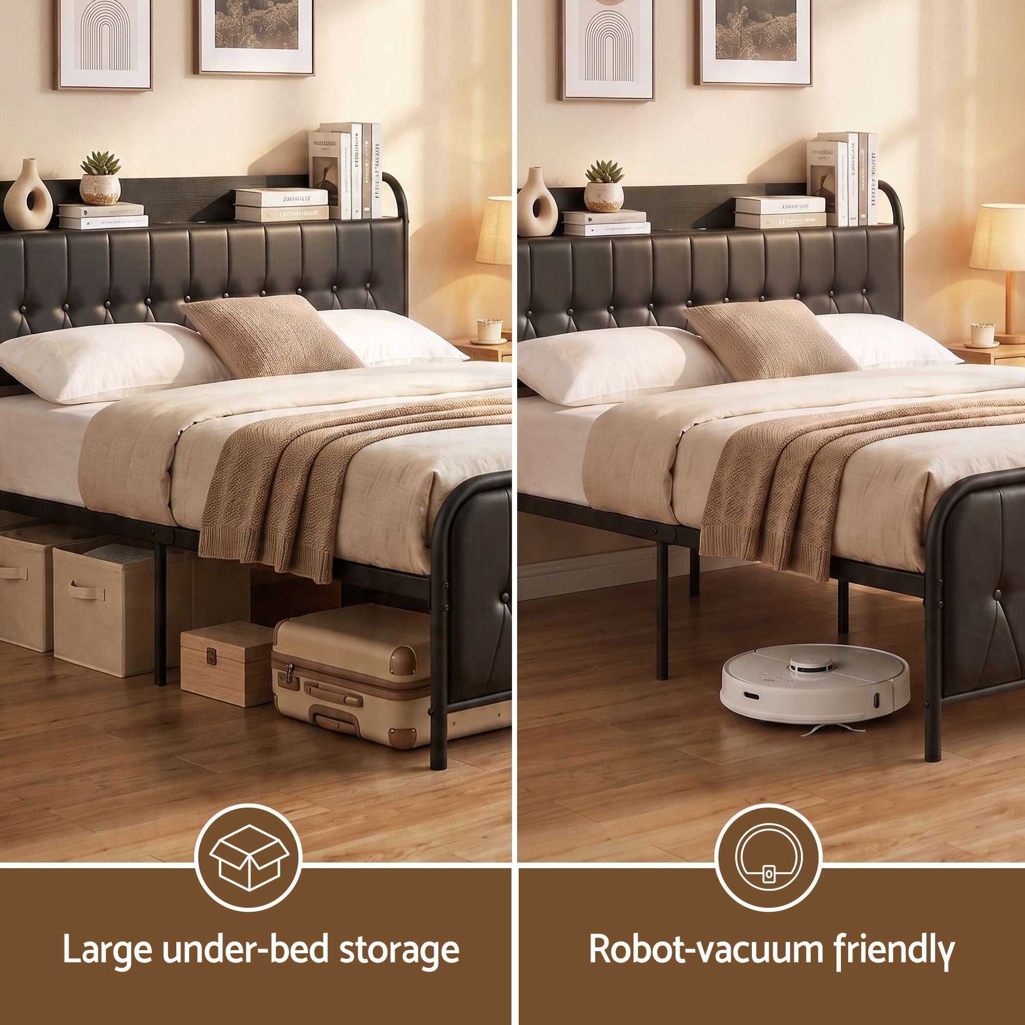 Queen Bed Frame with Storage Headboard and SAA Certified Charging Station - PU Leather