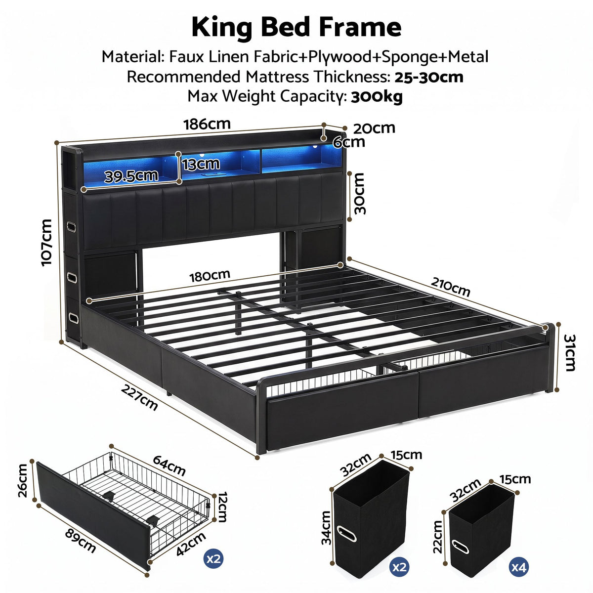 King Bed Frame with Storage Headboard, 2 Drawers, Charging Station & LED Light - Black