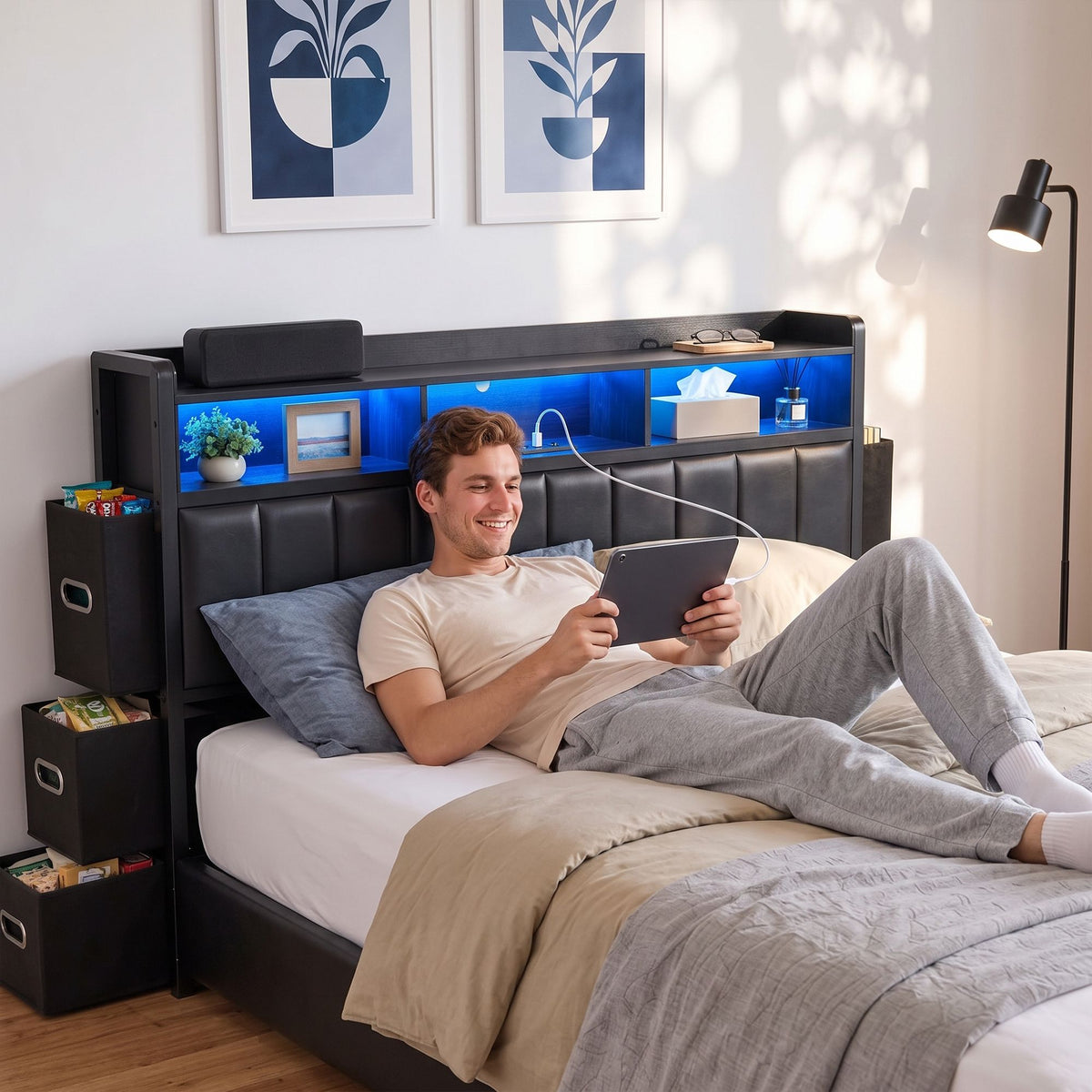 King Bed Frame with Storage Headboard, 2 Drawers, Charging Station & LED Light - Black