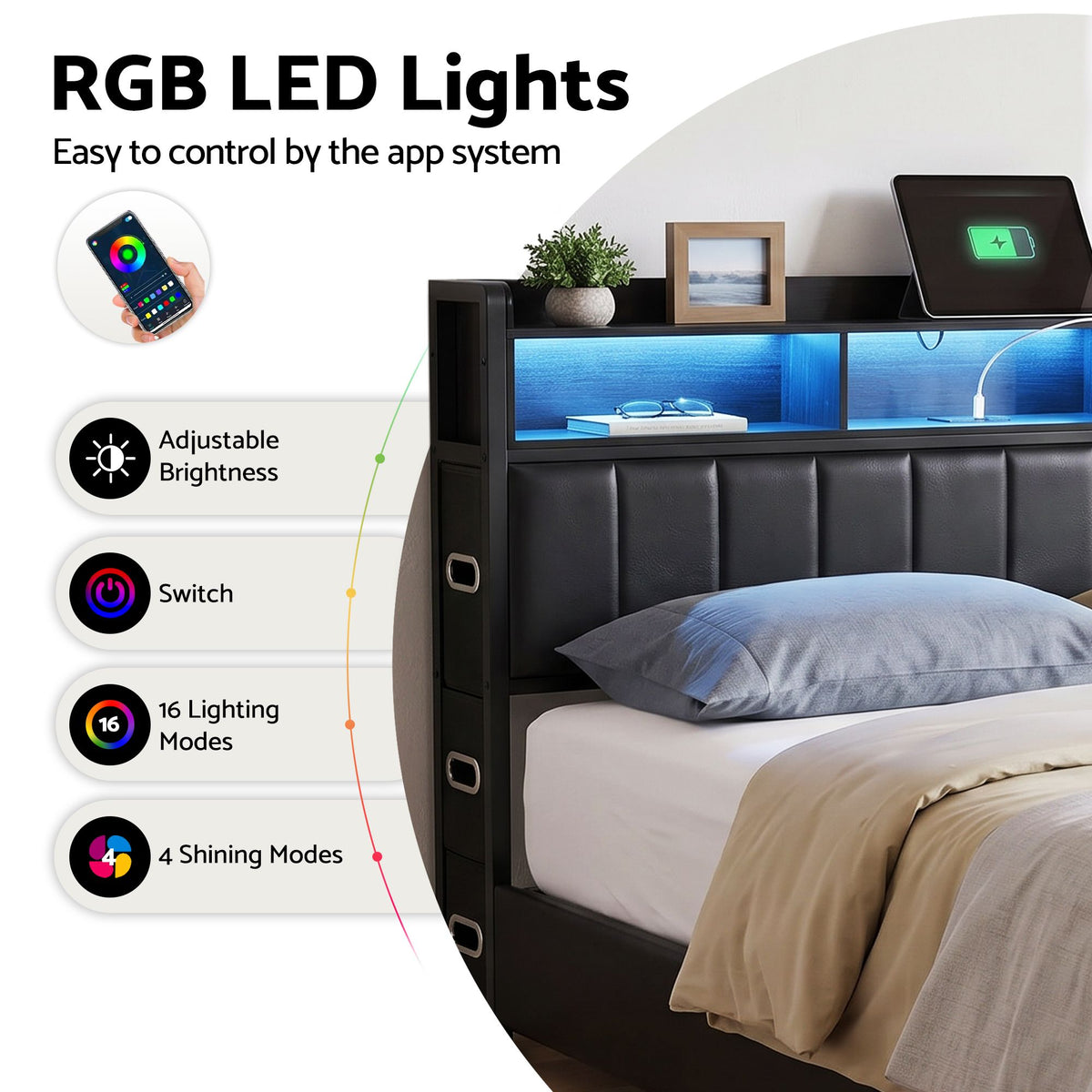 Queen Bed Frame with Storage Headboard, 2 Drawers, Charging Station & LED Light - Black