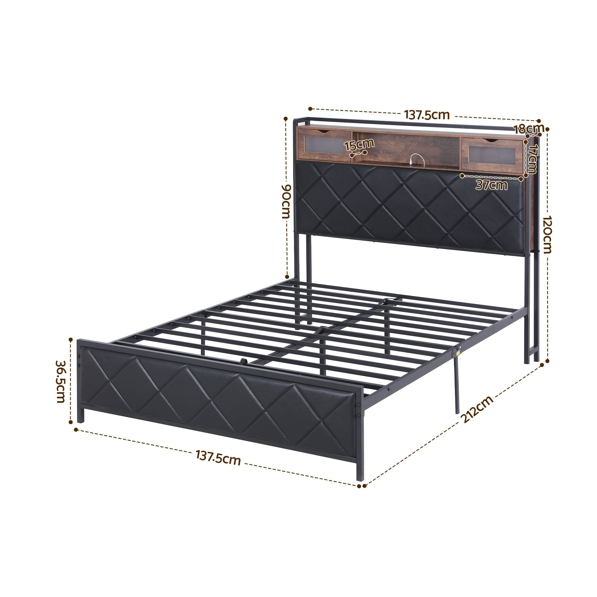 Double Bed Frame with LED Lights Storage Headboard 2 USB 2 AC Outlets Charging Station