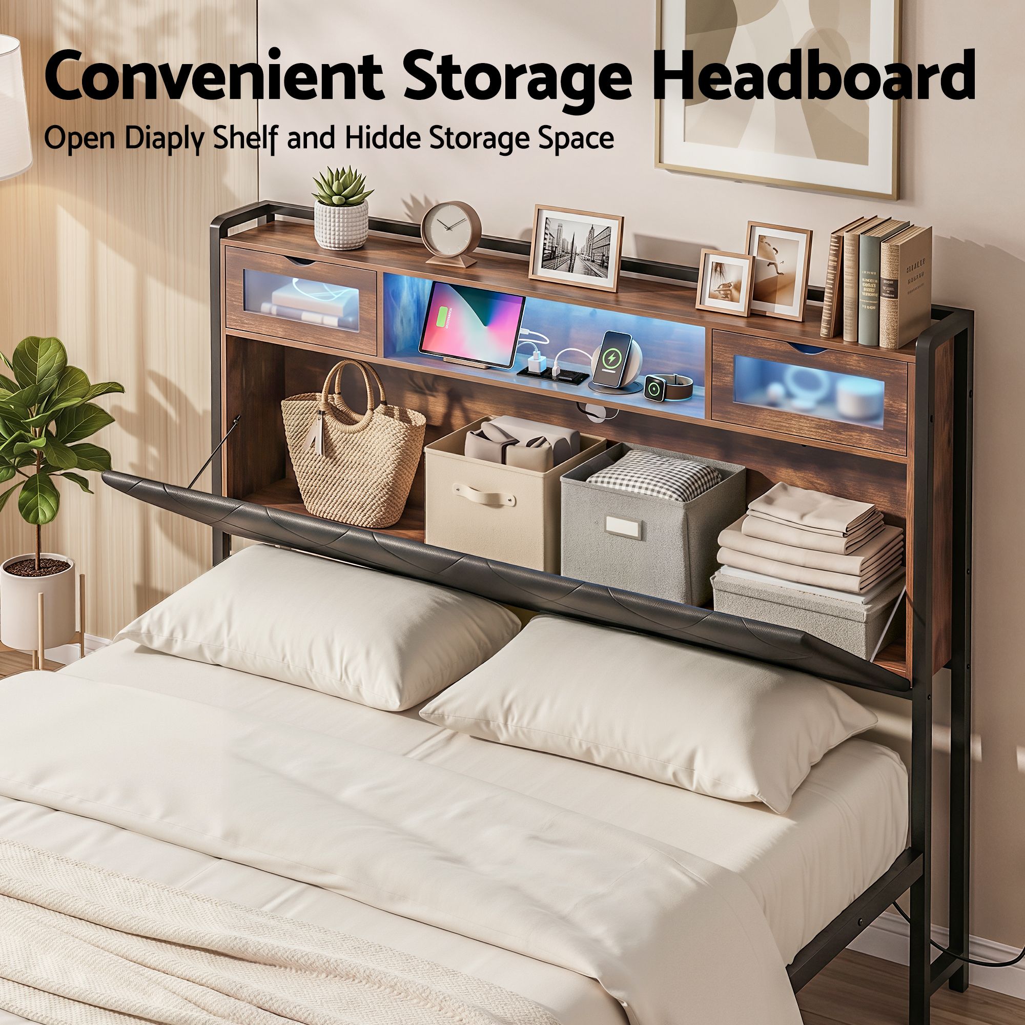 Double Bed Frame with LED Lights Storage Headboard 2 USB 2 AC Outlets Charging Station