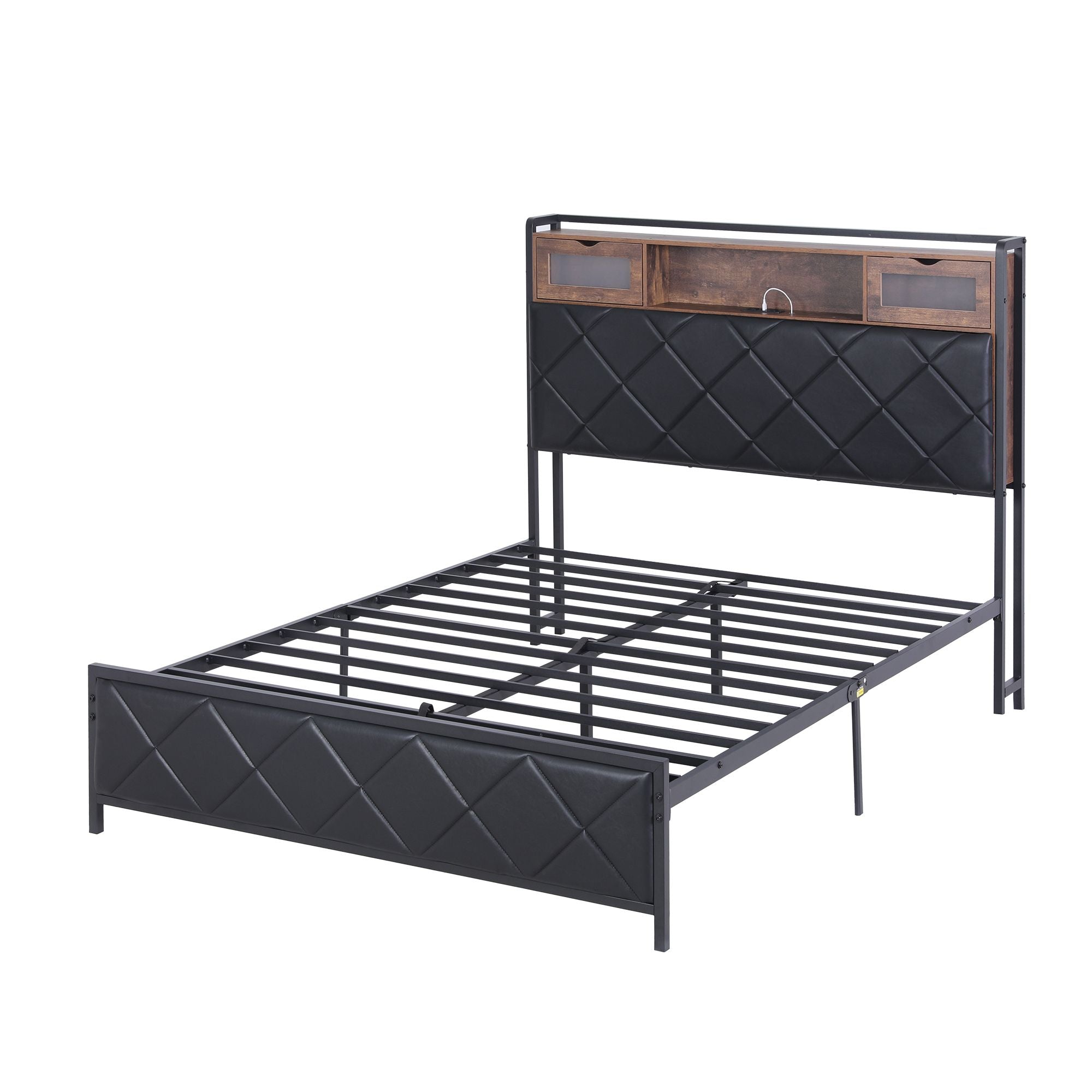 Double Bed Frame with LED Lights Storage Headboard 2 USB 2 AC Outlets Charging Station