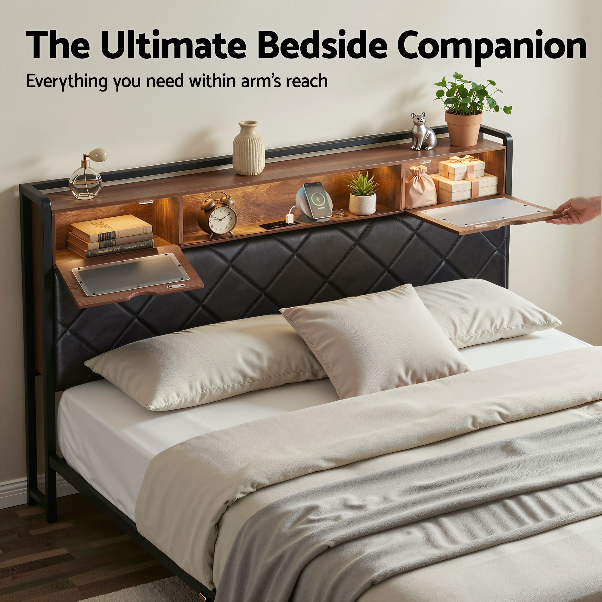 King Bed Frame with LED Lights, Storage Headboard & Charging Station - PU Leather