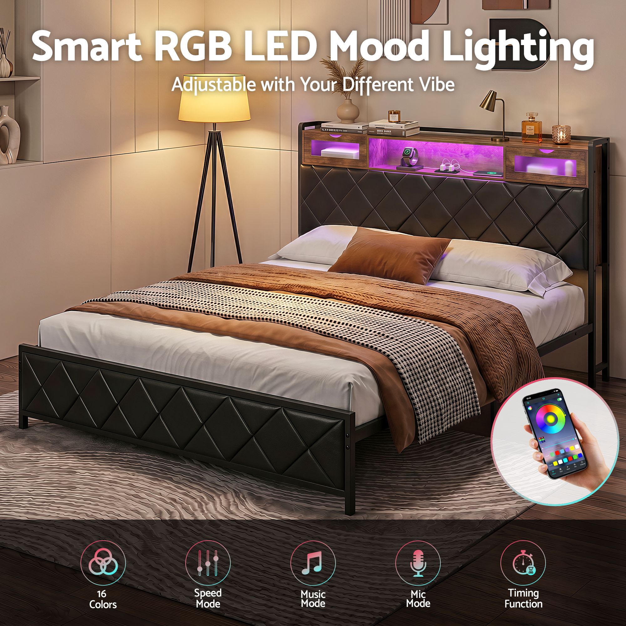 King Bed Frame with LED Lights, Storage Headboard & Charging Station - PU Leather