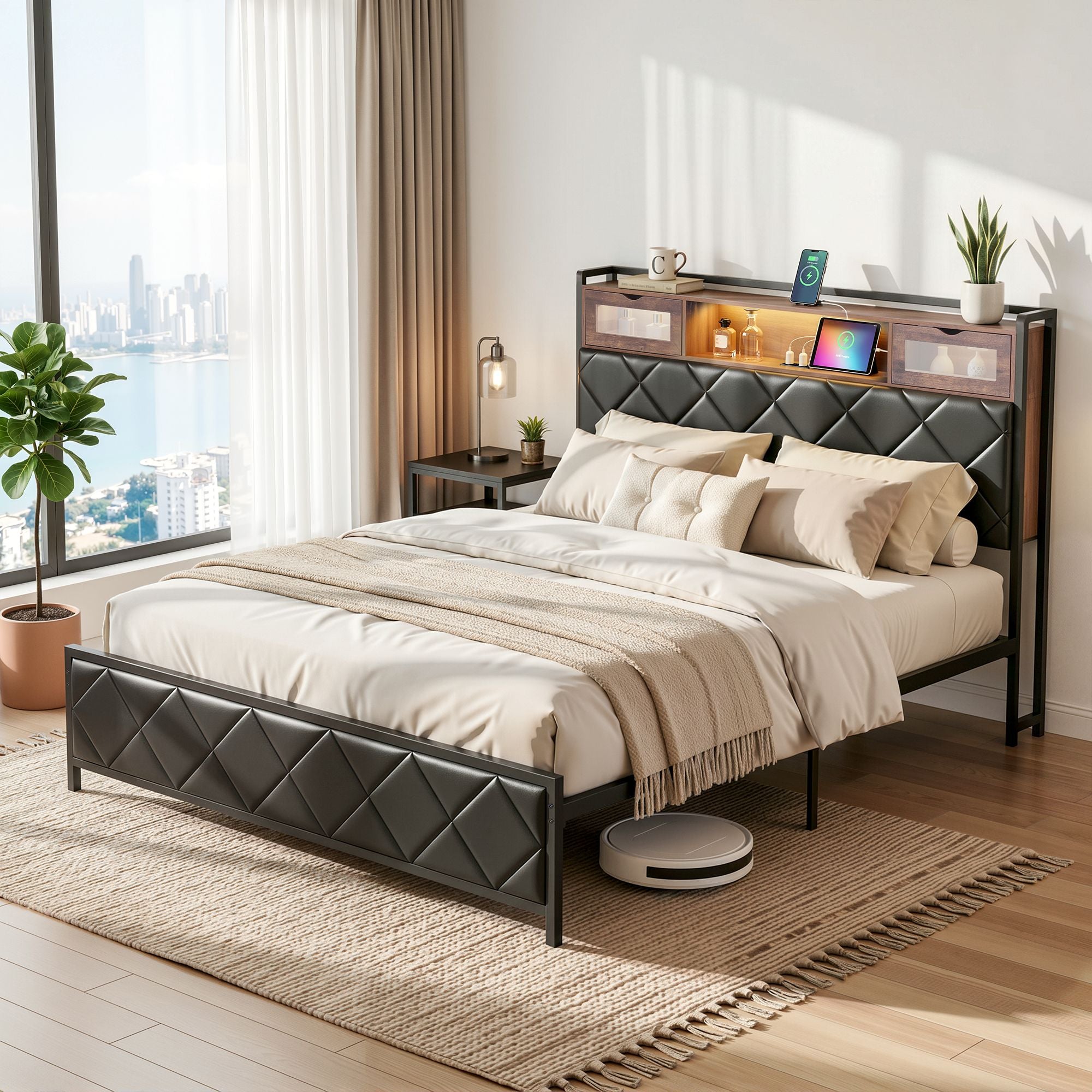 Queen PU Leather Bed Frame with LED Lights, Storage Headboard & Charging Station - Neutral