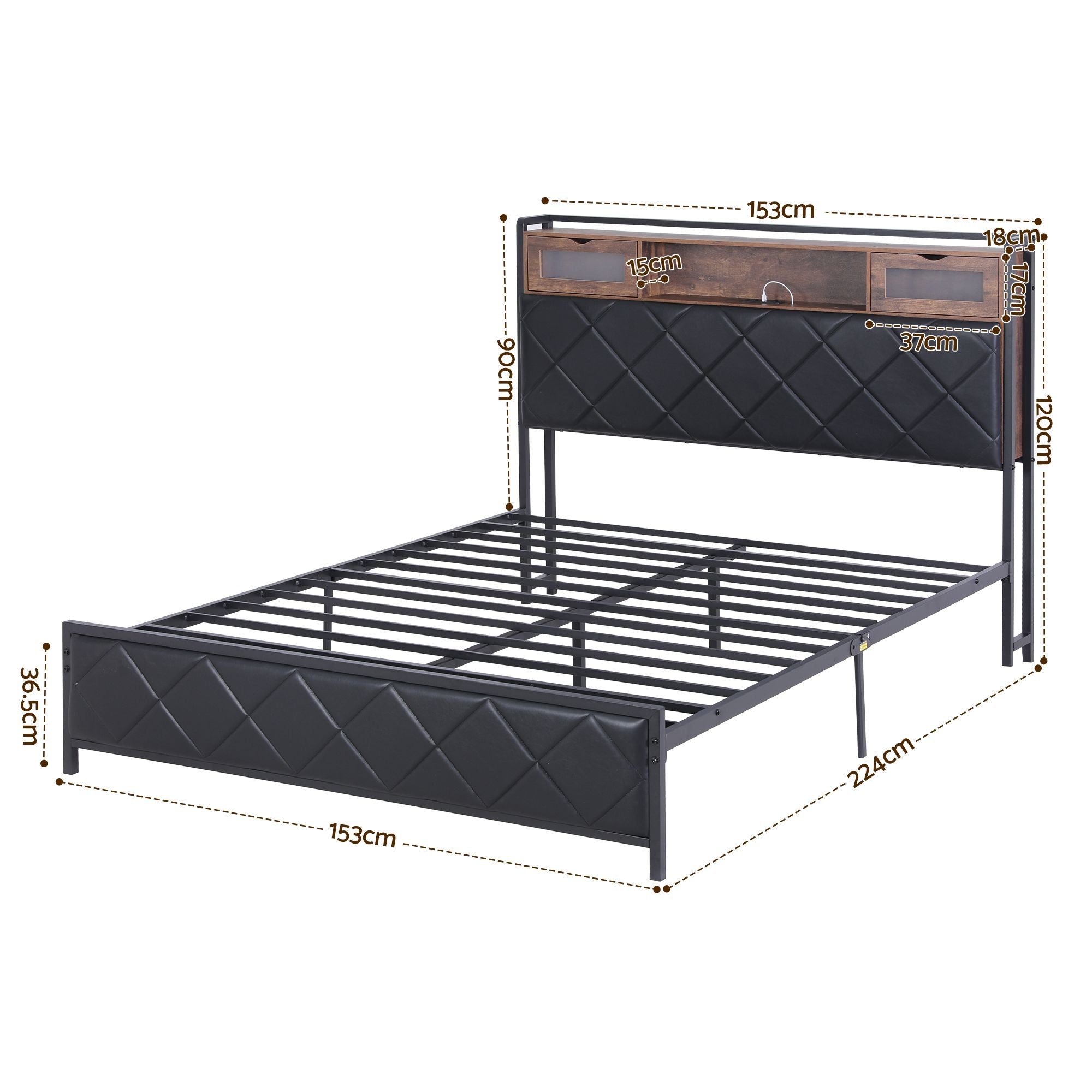Queen PU Leather Bed Frame with LED Lights, Storage Headboard & Charging Station - Neutral