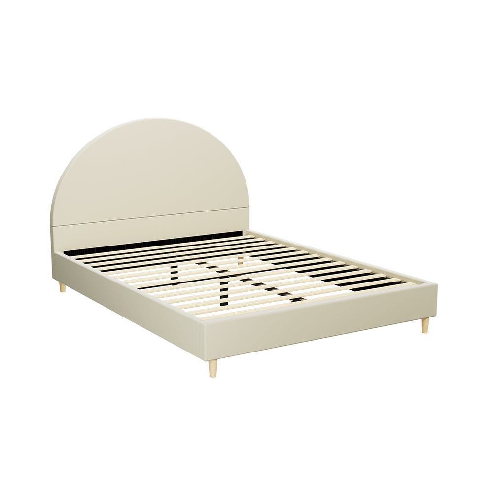 Ella Arched Queen Bed Frame Cream Velvet with arched headboard, wooden slats, and cream velvet upholstery in bedroom setting