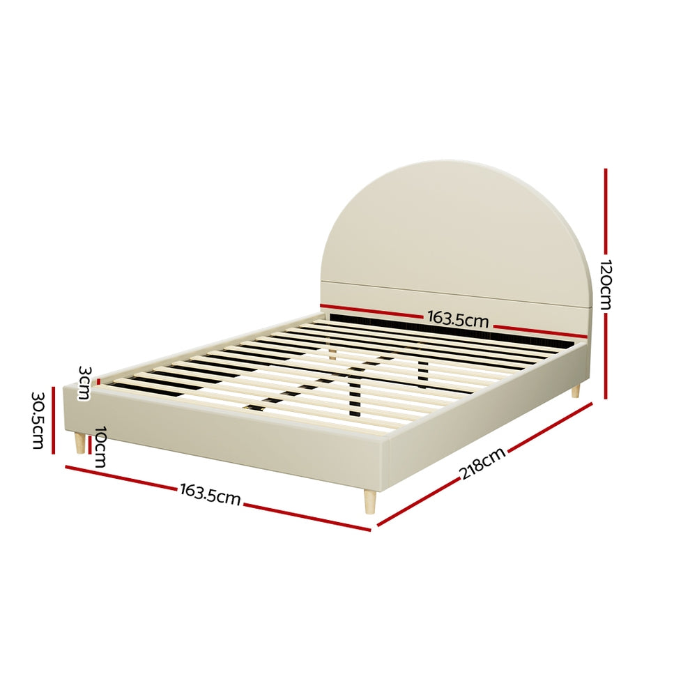 Ella Arched Queen Bed Frame Cream Velvet showing dimensions and wooden slats from angled view on white background