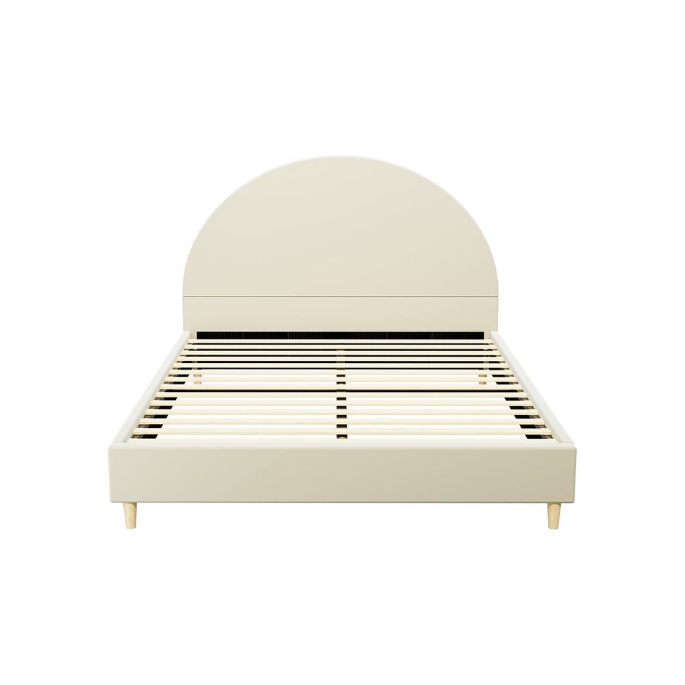 Ella Arched Queen Bed Frame Cream Velvet with arched headboard, wooden slats, and light wooden legs in bedroom furniture style