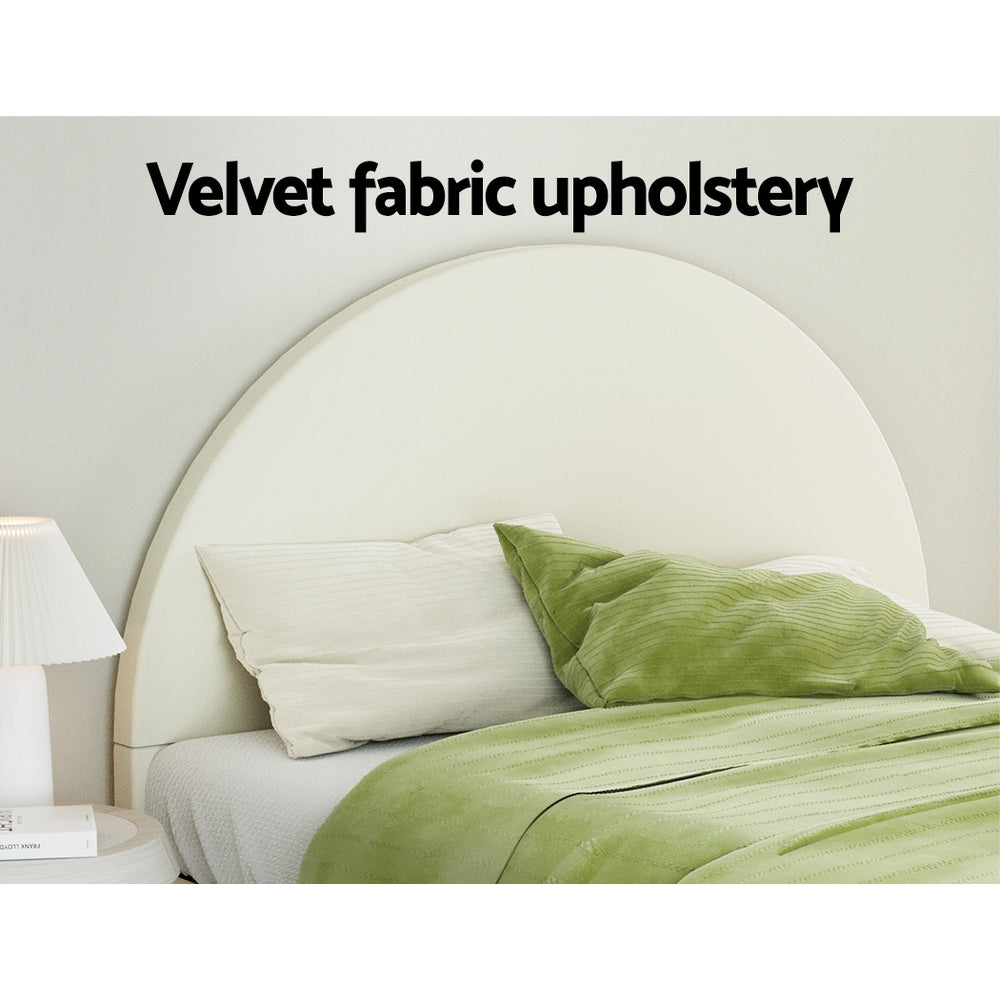 Ella Arched Queen Bed Frame Cream Velvet with velvet fabric upholstery and arched headboard in a stylish bedroom setting
