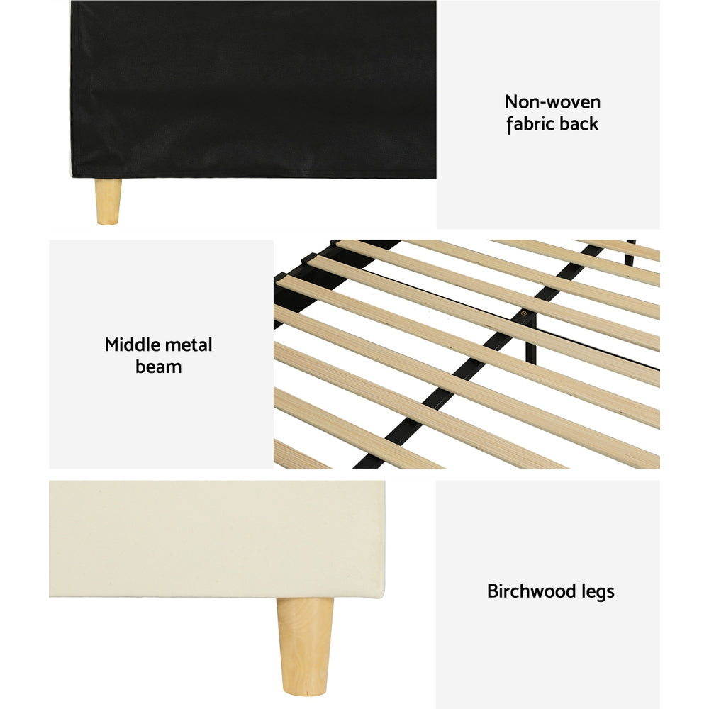 Ella Arched Queen Bed Frame Cream Velvet showing birchwood legs, middle metal beam, wooden slats, and non-woven fabric back