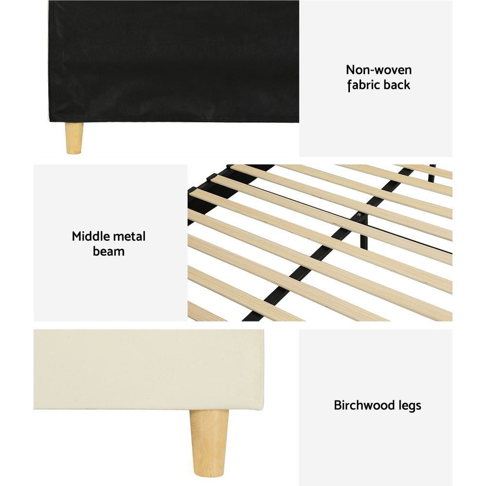 Ella Arched Single Bed Frame Cream Velvet with birchwood legs, middle metal beam, wooden slats, and non-woven fabric back