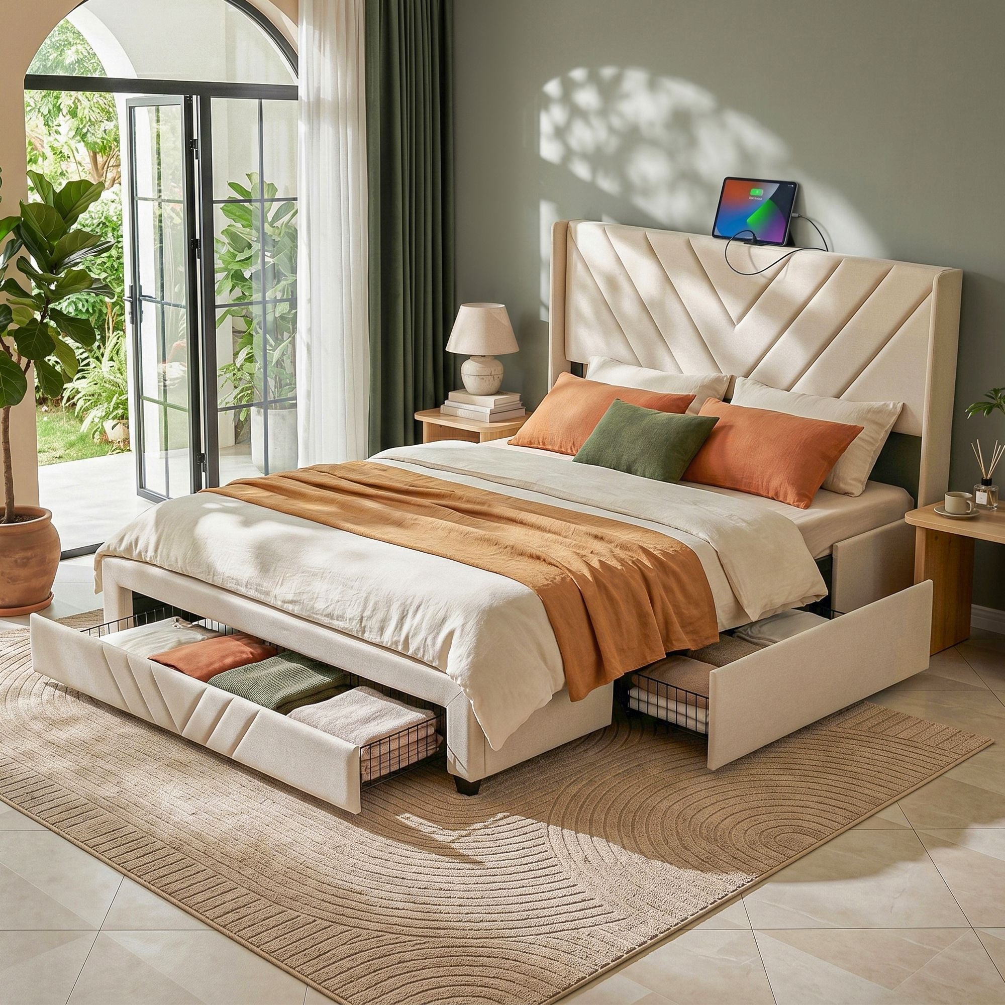 Double Bed Frame with Charging Station and Storage Drawers Beige 300KG Noise Free