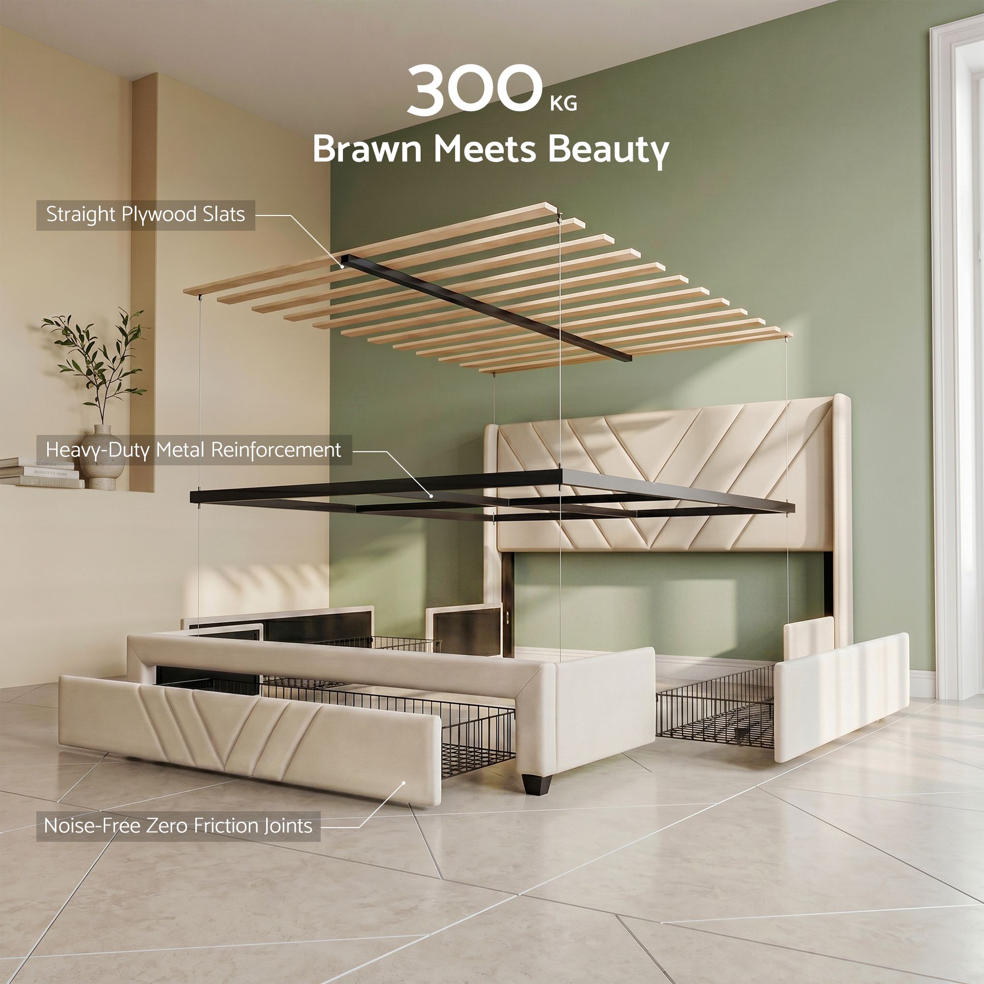 King Bed Frame with Charging Station and Storage Drawers Beige 300KG Noise Free