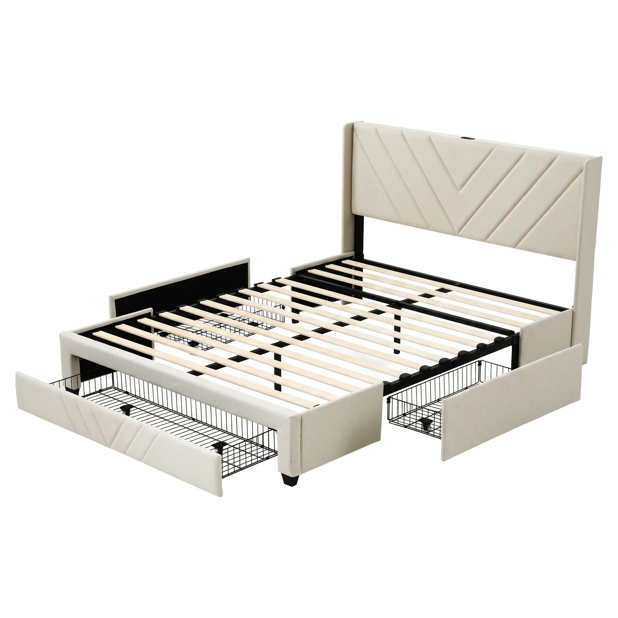Queen Bed Frame with Charging Station and Storage Drawers Beige 300KG Noise Free