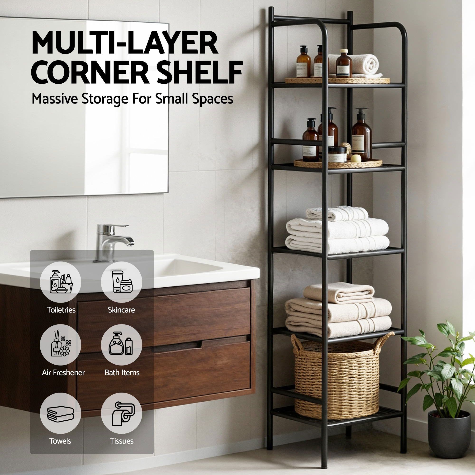 2X 5 Tier Floor Standing Corner Shower Caddy Bathroom Organizer - Black