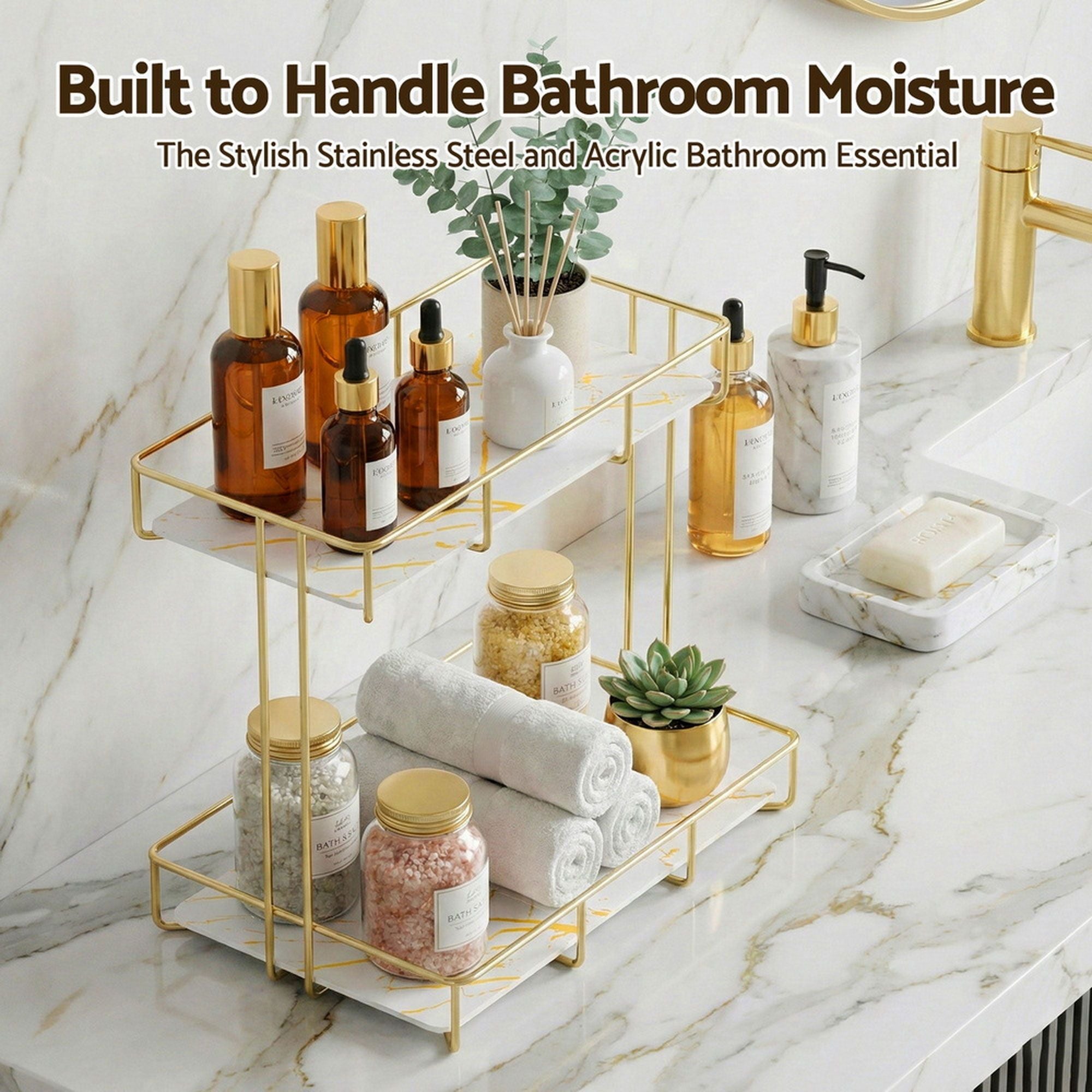 2-Tier Bathroom Corner Storage Rack 2 Pack with Marble Look - Gold