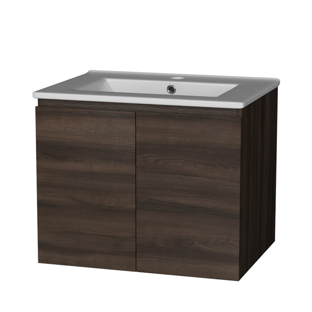 Vanity Unit 600mm with Basin Walnut featuring two-door cabinet and white ceramic sink basin with minimalistic design