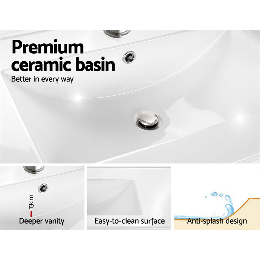 Vanity Unit 600mm with Basin Walnut featuring premium ceramic basin, deeper vanity, easy-to-clean surface, and anti-splash design.
