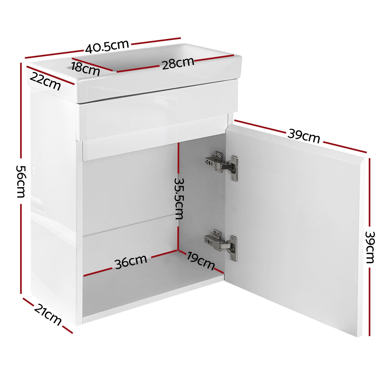 Vanity Unit 400mm with Basin White featuring high-gloss MDF finish and open cabinet door with internal measurements visible