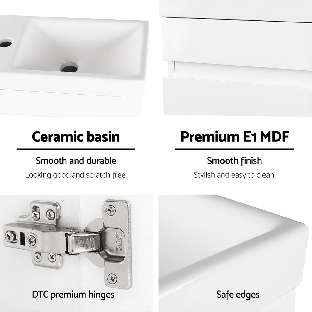 Vanity Unit 400mm with Basin White showing ceramic basin, premium MDF, DTC hinges, and smooth safe edges close-up details