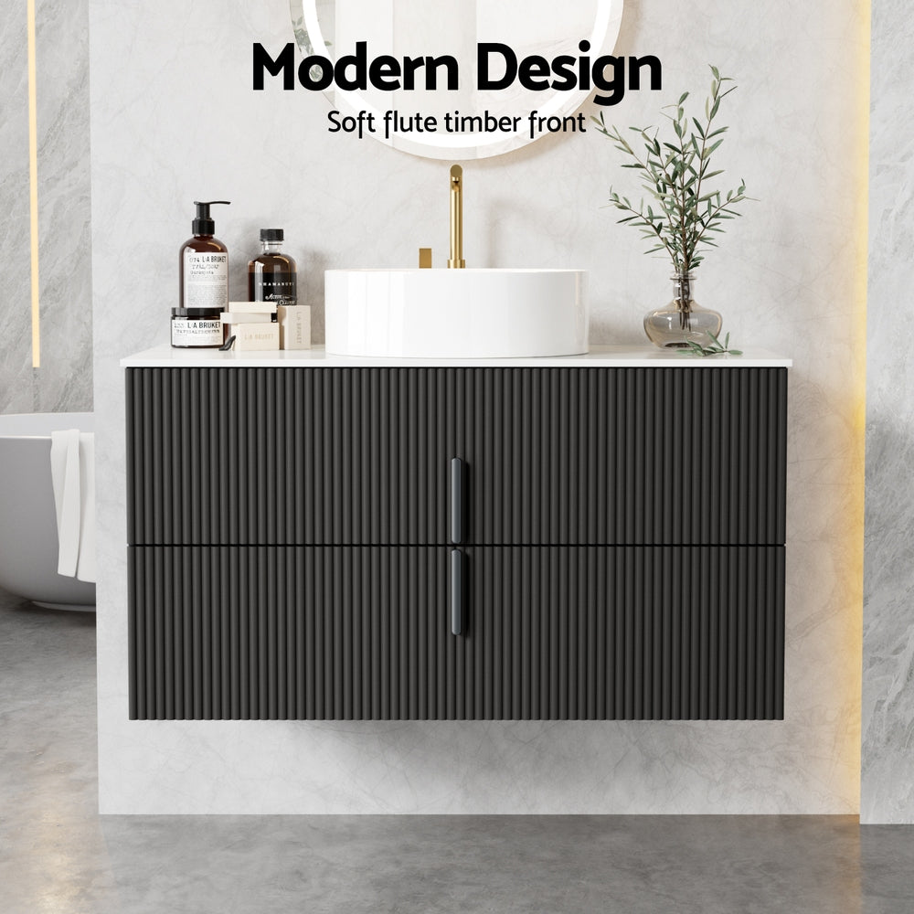 Vanity Unit 900mm Bathroom Cabinet Storage Wall Hung Black Timber Front with fluted drawers and white countertop basin
