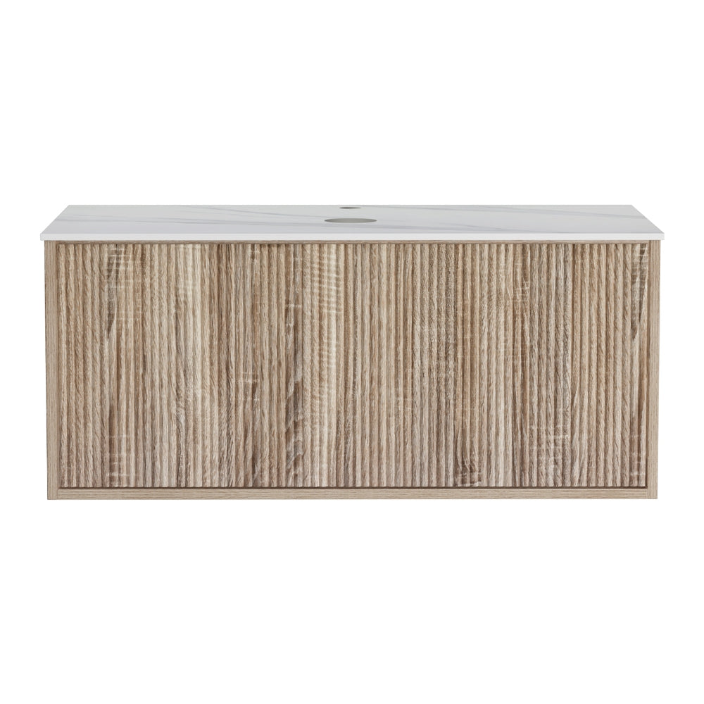 Vanity Unit 915mm with Basin Oak wall-hung bathroom cabinet with grooved wood finish and white countertop