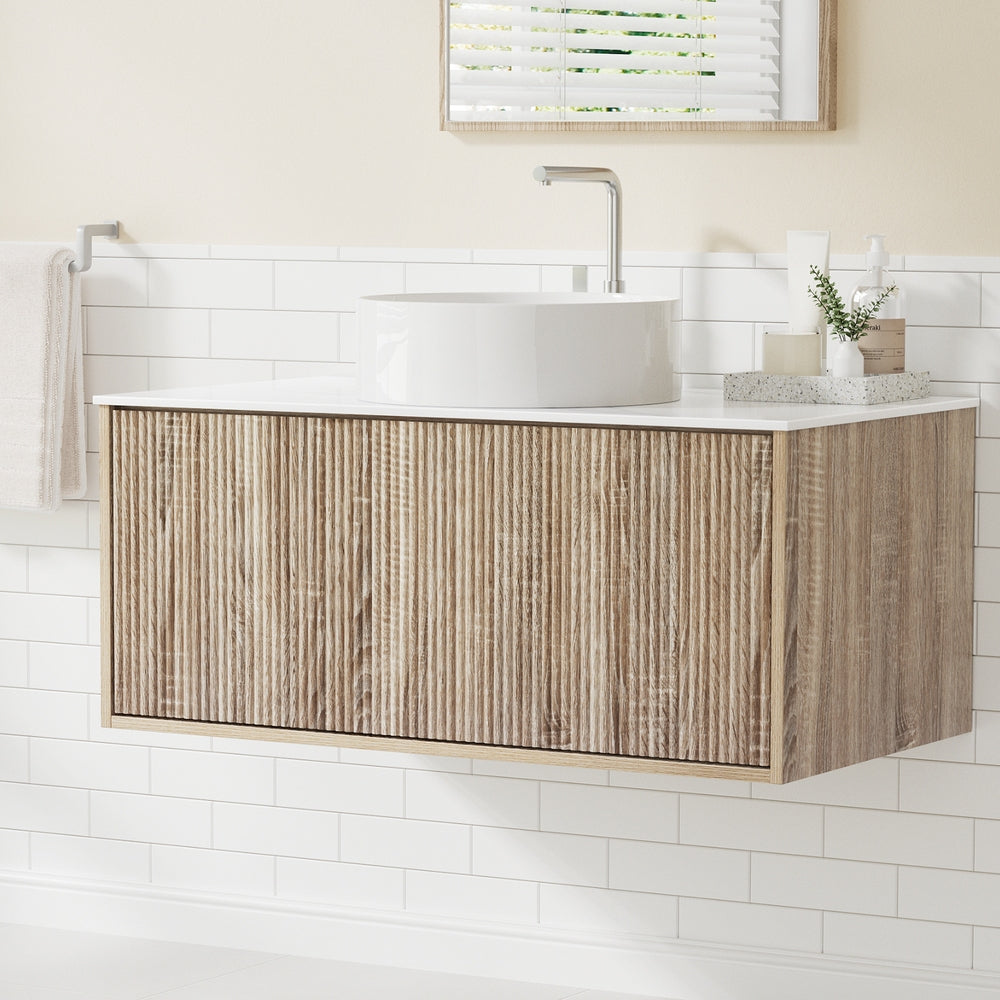 Vanity Unit 915mm with Basin Oak wall-hung bathroom cabinet with grooved wood finish and white countertop basin