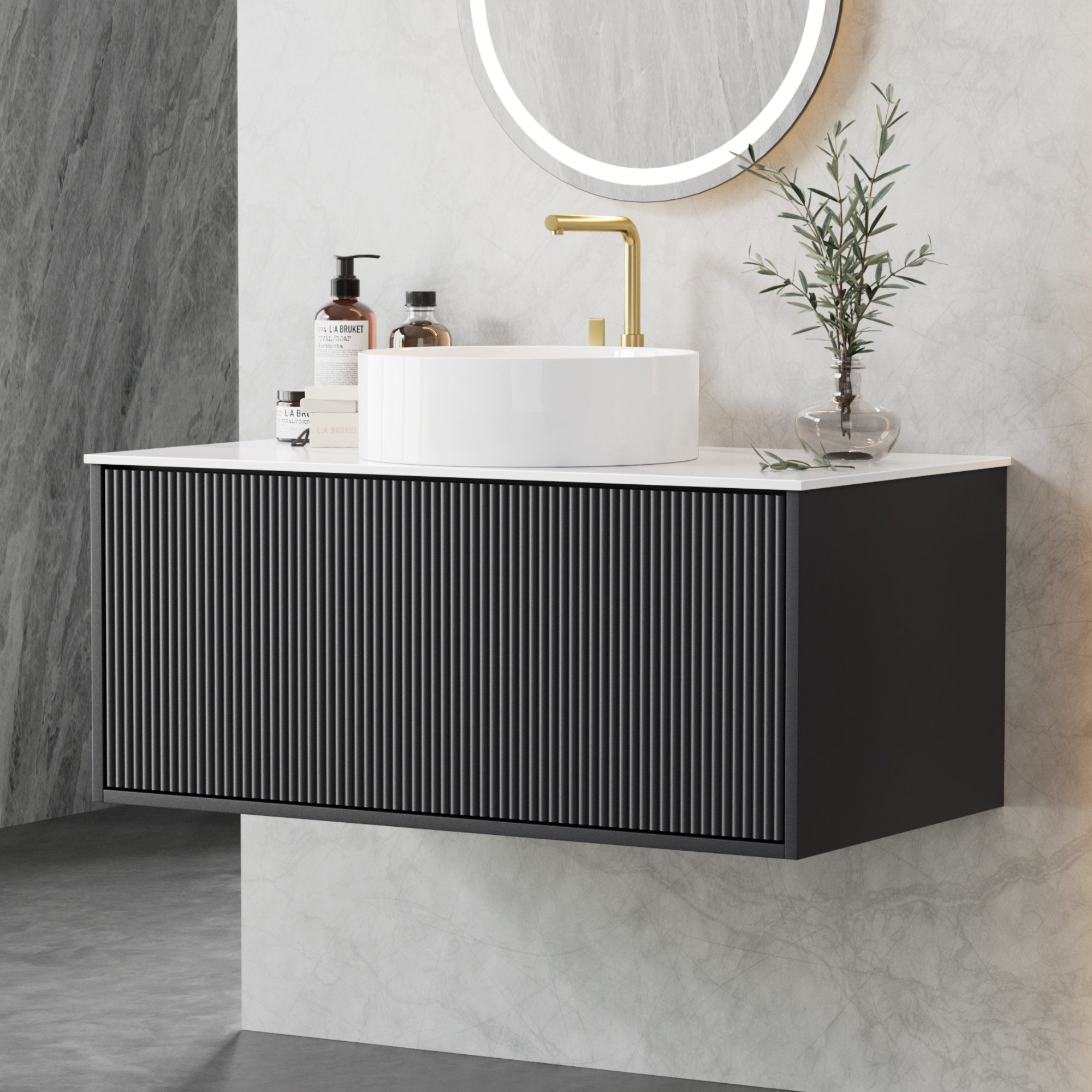 Vanity Unit 900mm Bathroom Cabinet Storage Wall Hung Grooved Timber Black with white countertop and round mirror above