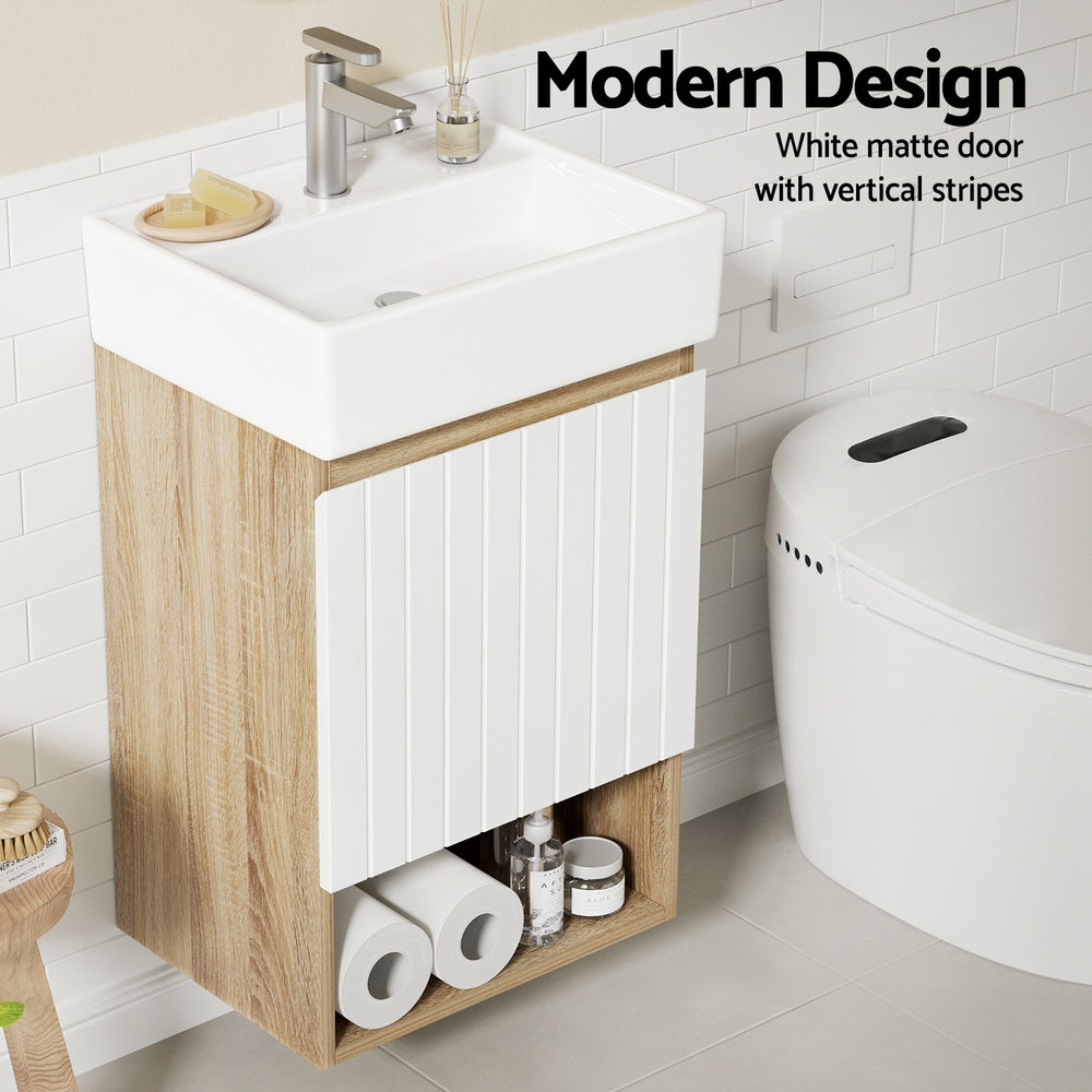 Vanity Unit 445mm Basin Bathroom Cabinet Storage Wall Hung Sink White with white striped door and timber finish
