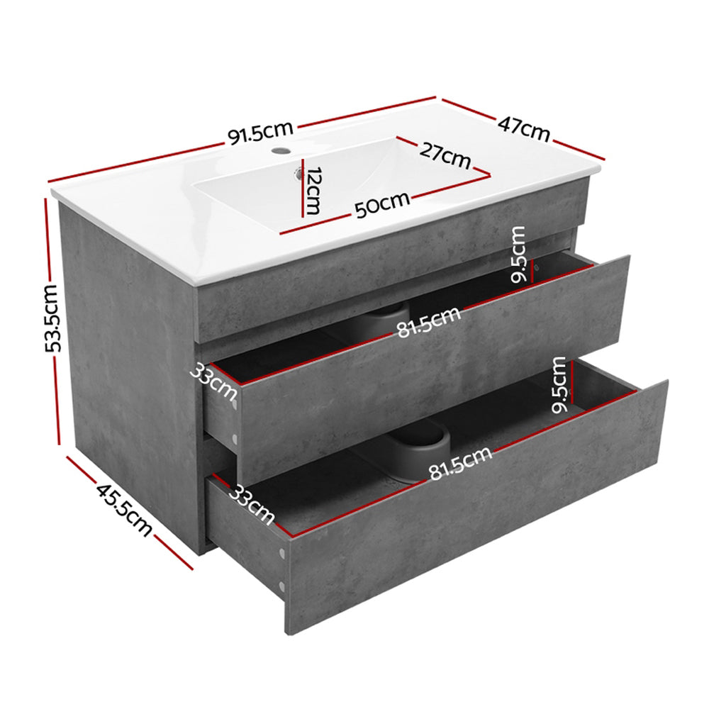 Vanity Unit 915mm with Basin Grey featuring two spacious drawers and undermount sink with dimensions displayed