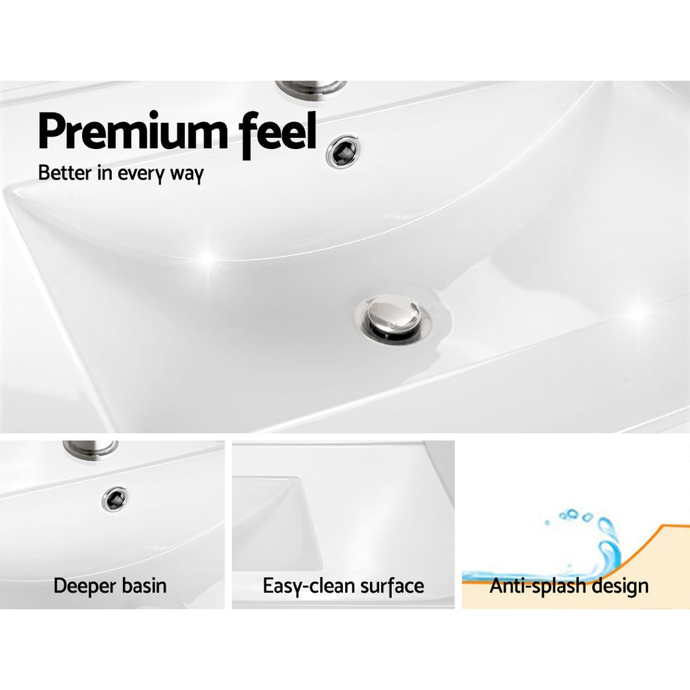 Close-up of the white basin with deeper bowl, easy-clean surface, and anti-splash design of Vanity Unit 915mm with Basin Grey