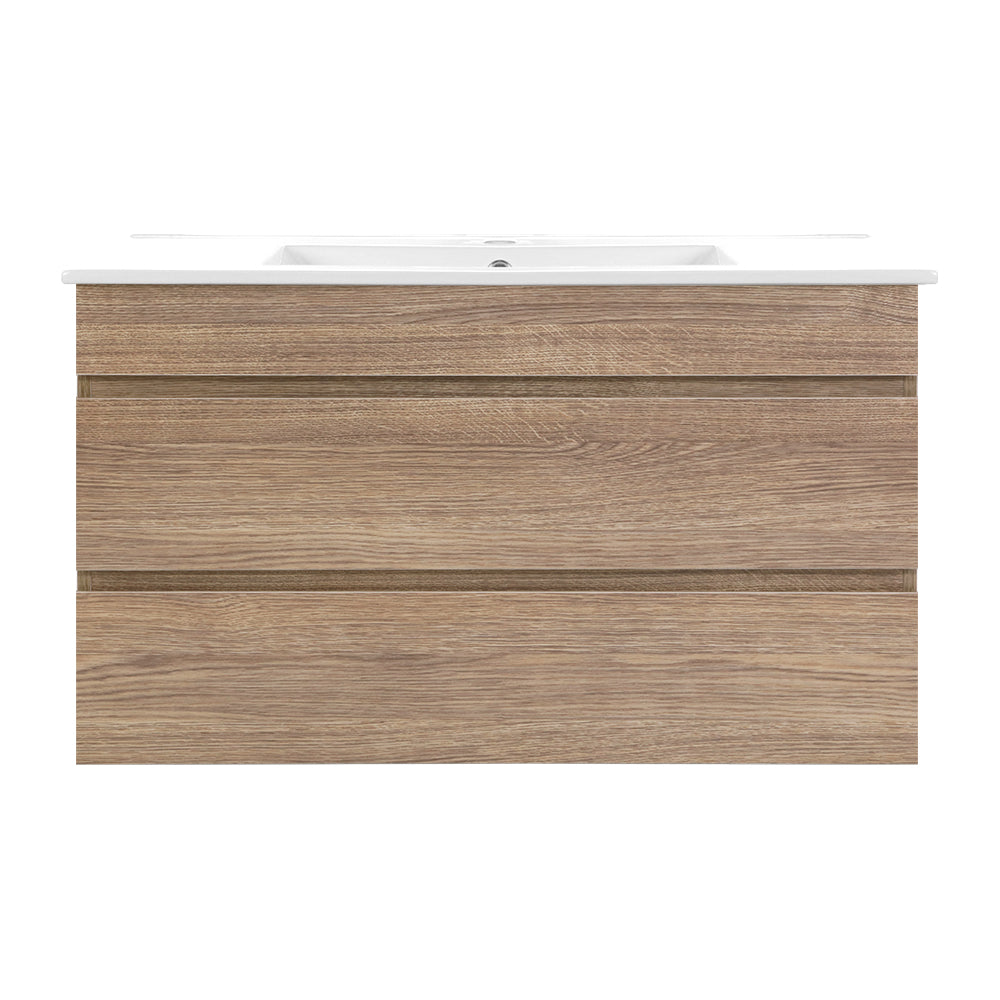 Vanity Unit 915mm with Basin Oak featuring wood grain finish and white basin top in modern bathroom style