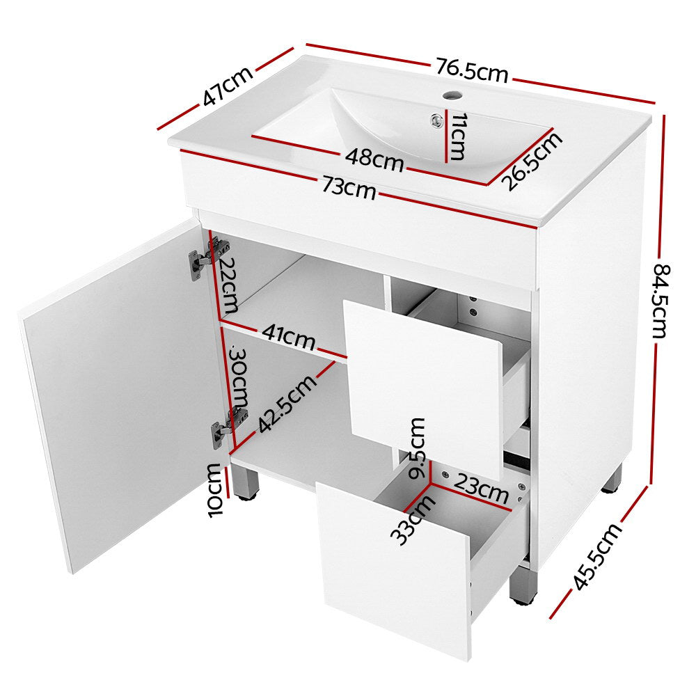 Vanity Unit 765mm Freestanding Basin Cabinet in white with open doors and internal shelving, shown with measurements